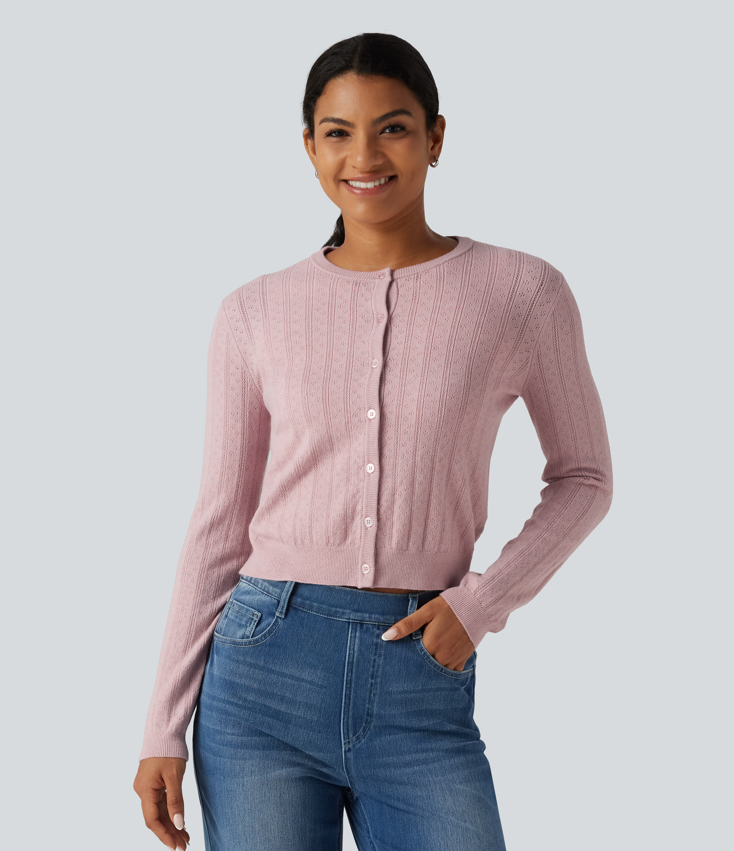 Round Neck Long Sleeve Work Cardigan