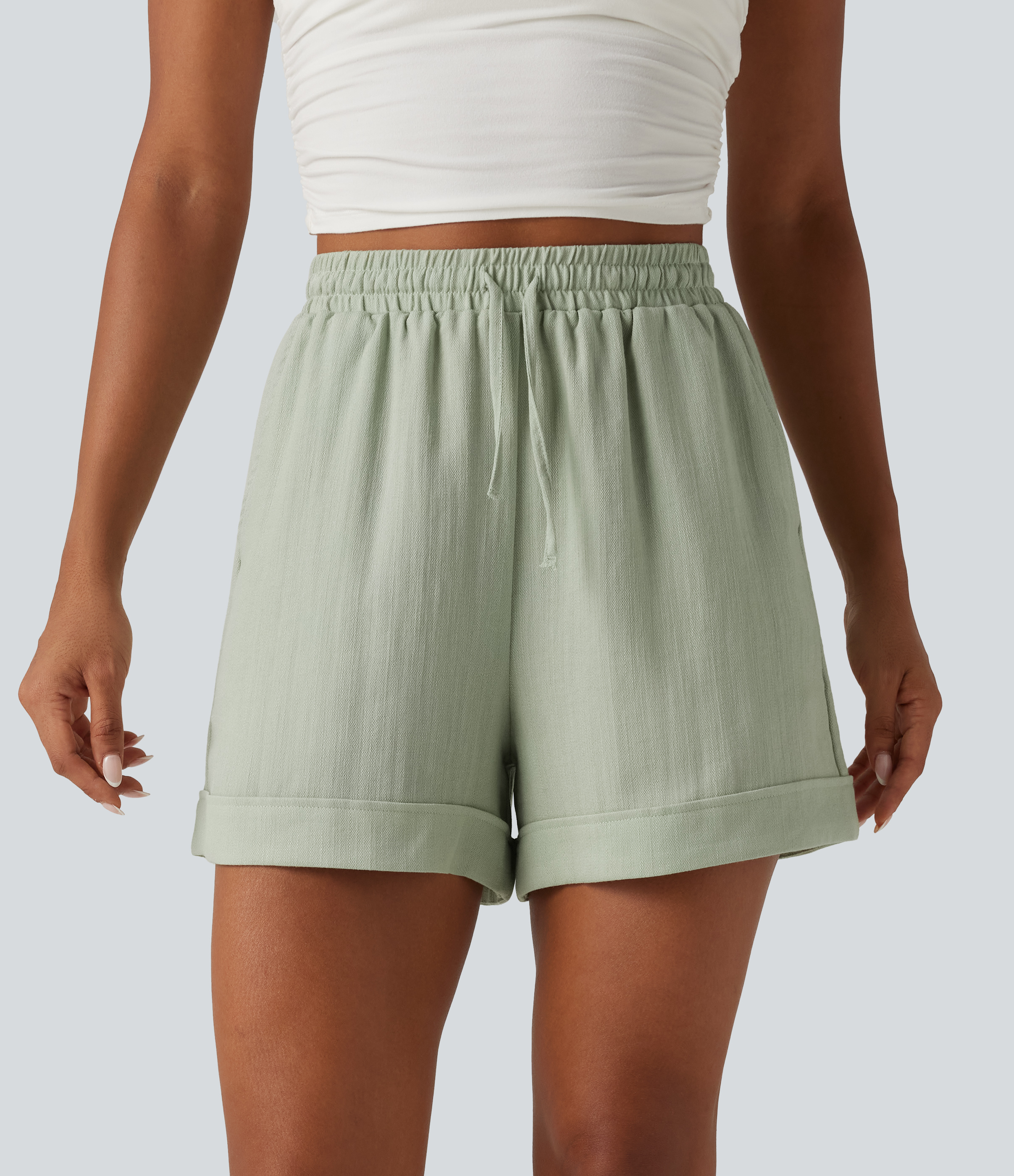 High Waisted Drawstring Rolled Hem Casual Linen-Feel Shorts 5'' with Pockets