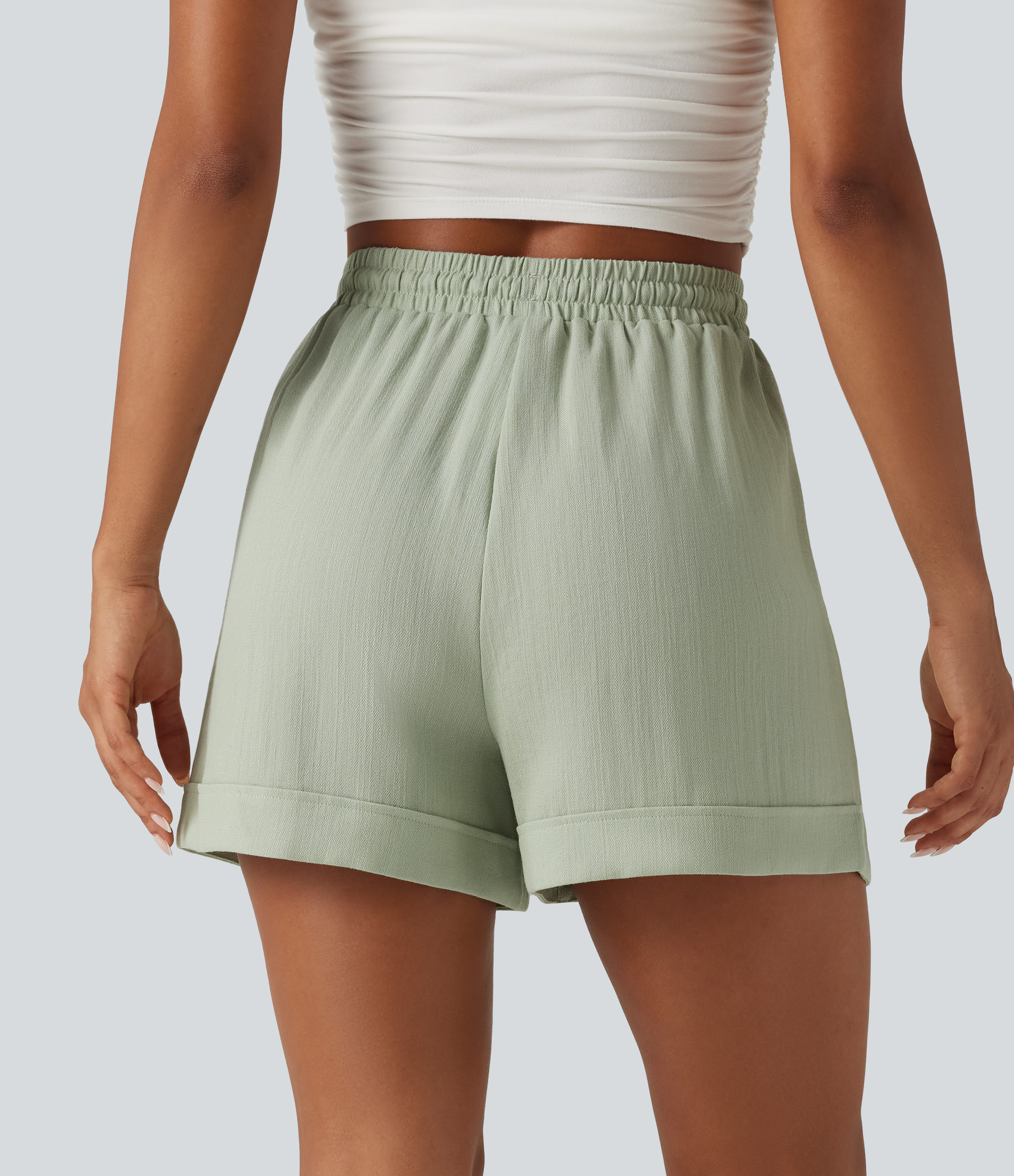 Desert Sage Shorts med høyt liv, snøring, oppbrettet kant og uformelt linpreg, 5'' med lommer / 2