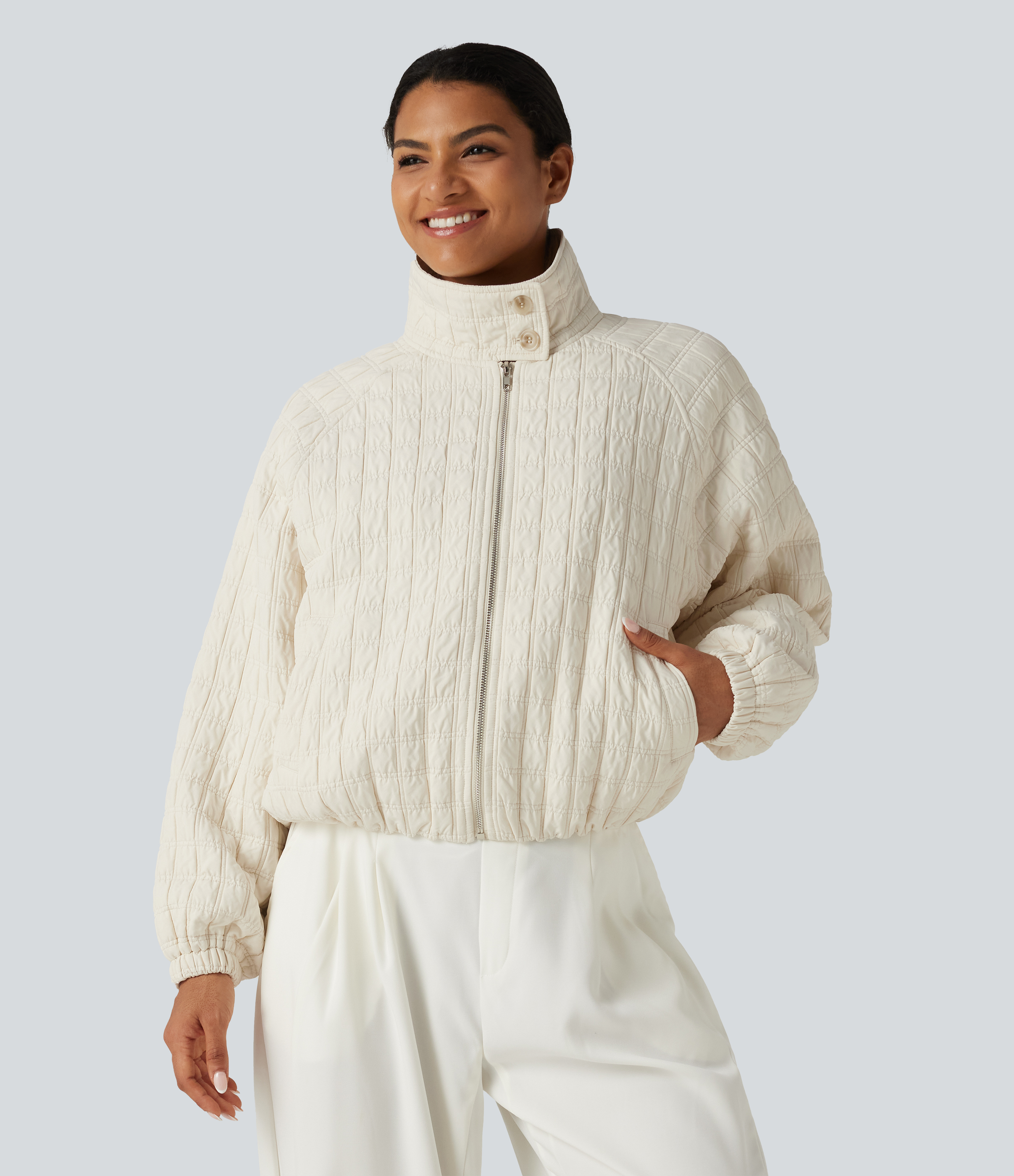 Stand Collar Long Sleeve Quilted Casual Jacket with Pockets