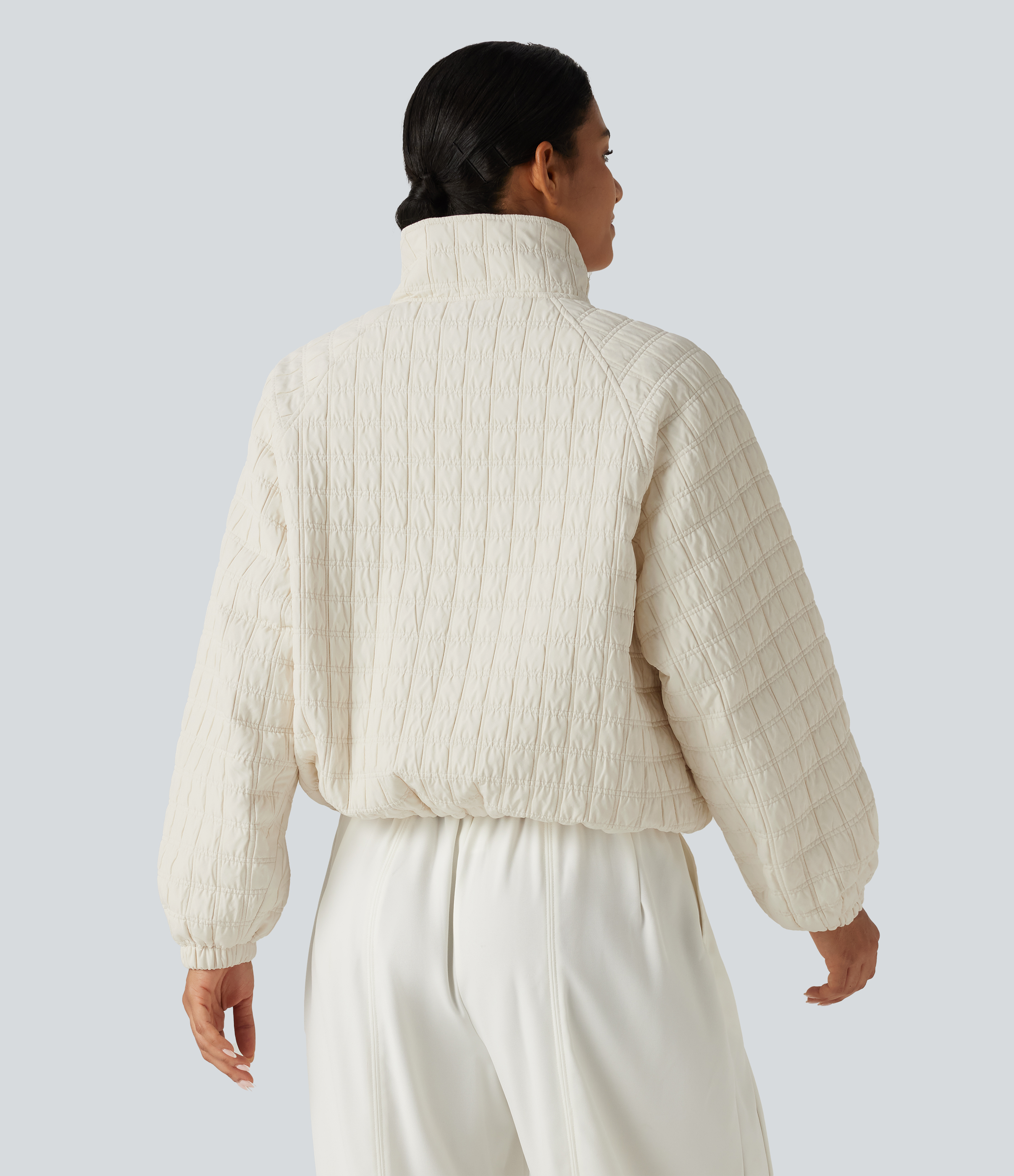 Pillowtalk - Light Beige Stand Collar Long Sleeve Quilted Casual Jacket with Pockets / 2