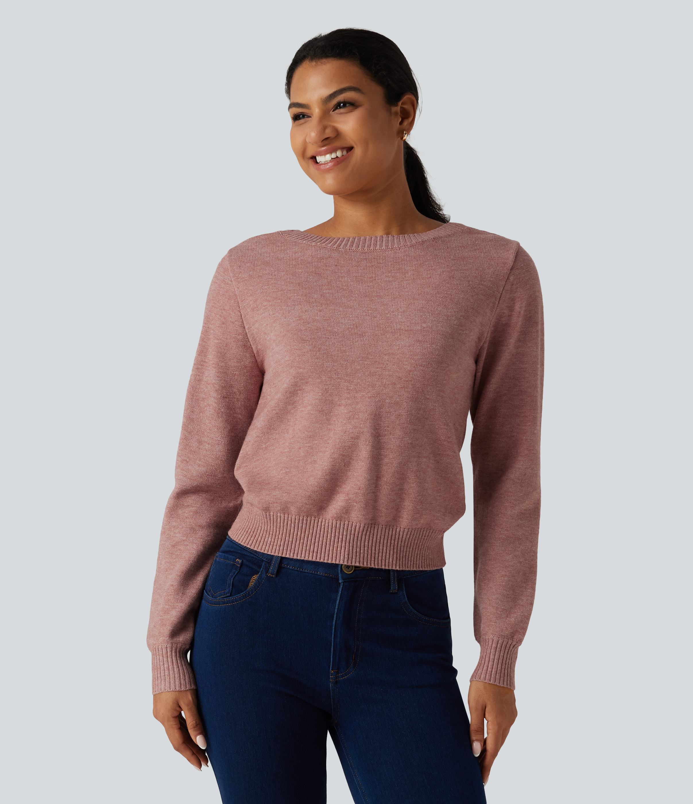 Mottled Begonia Round Neck Long Sleeve Twisted Casual Sweater / 2