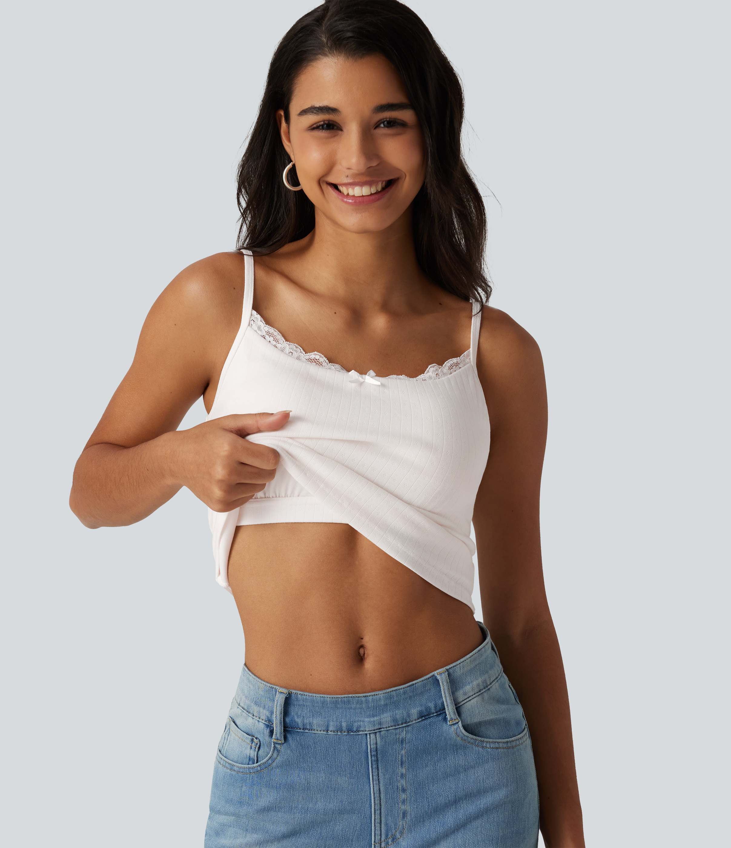U Neck Built-in Bra Contrast Lace Casual Tank Top