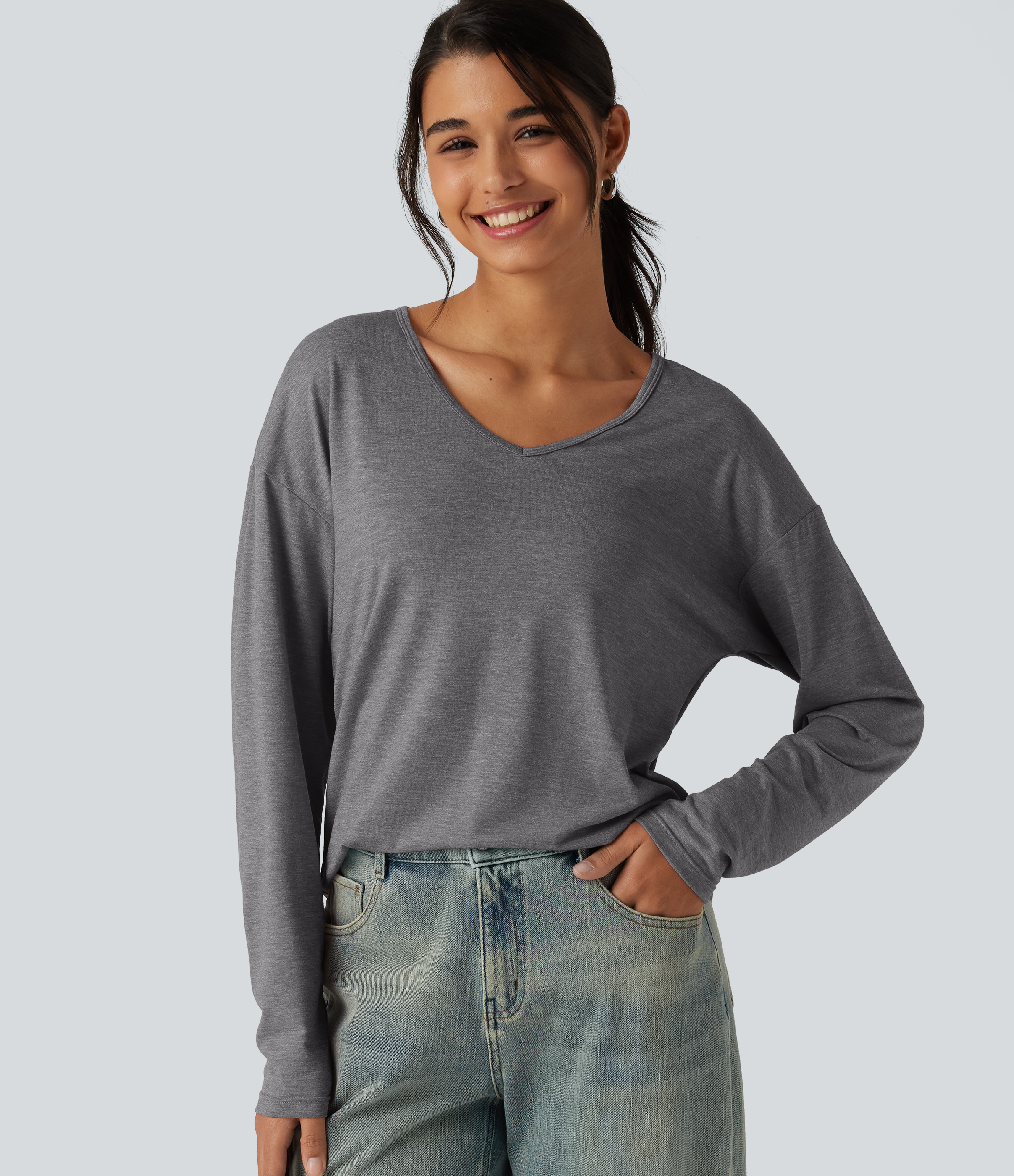 V Neck Long Sleeve Relaxed Heathered Casual T-Shirt