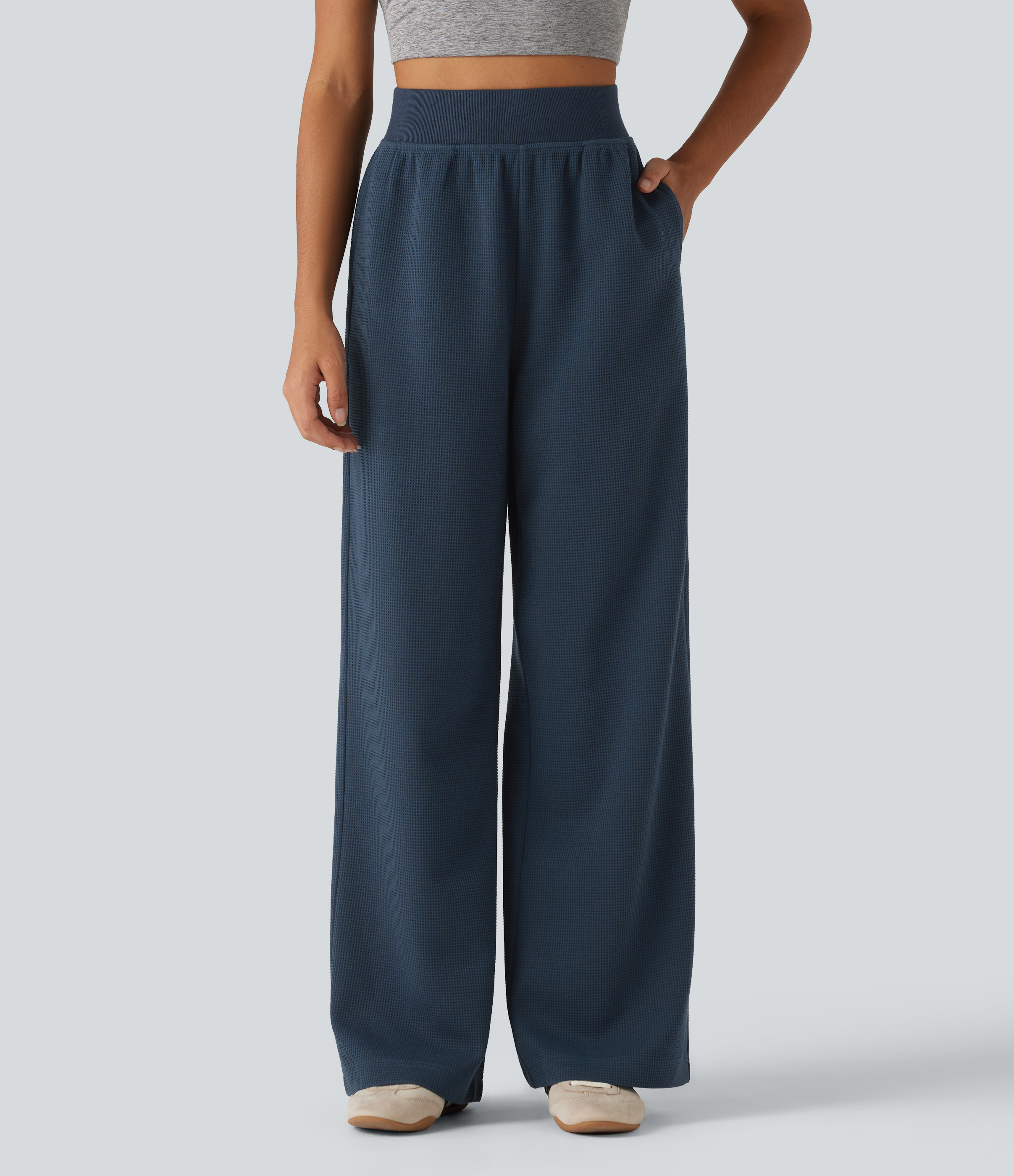 High Waisted Straight Leg Waffle Casual SweatPants with Pockets