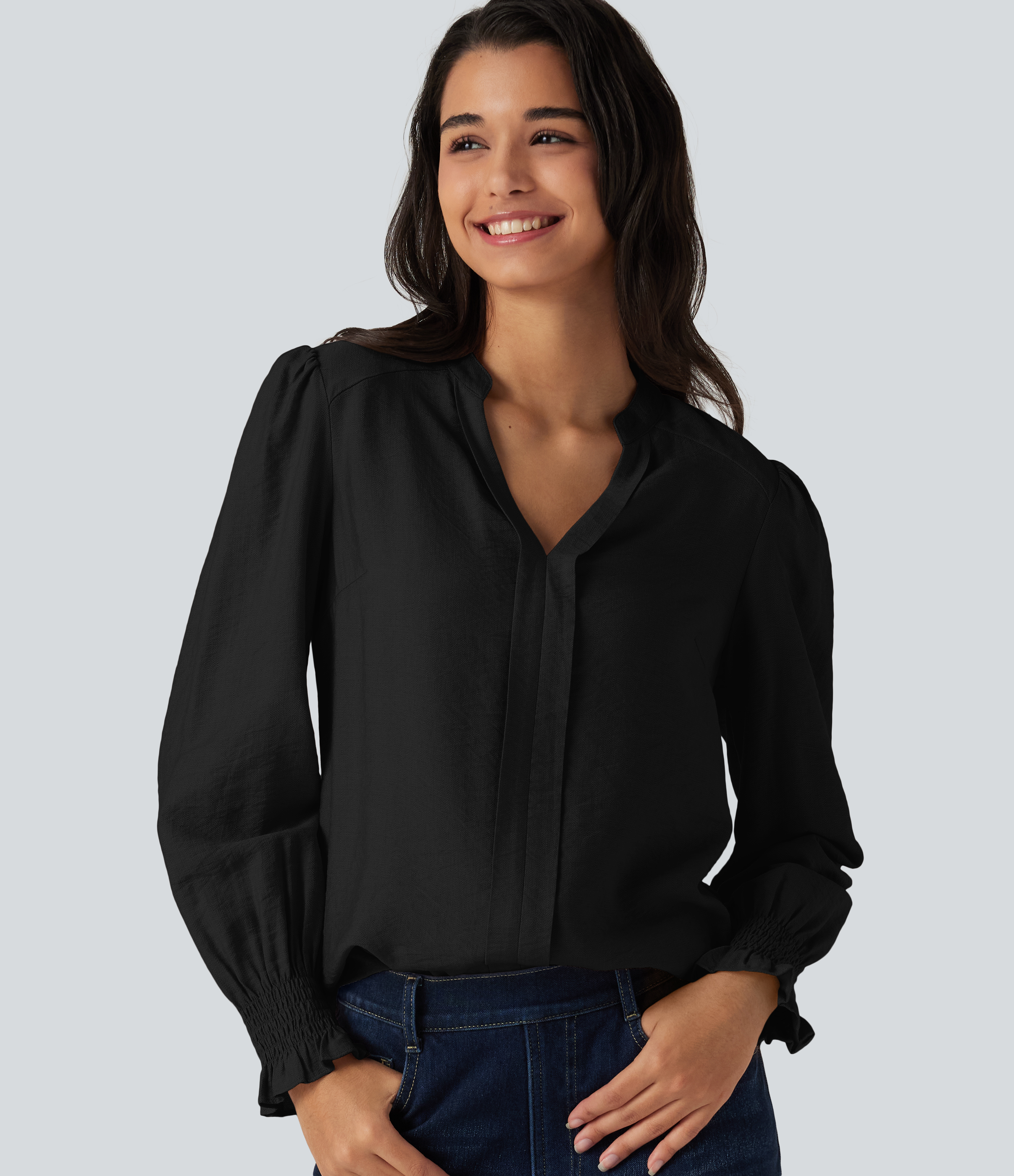 V Neck Puff Long Sleeve Casual Blouse