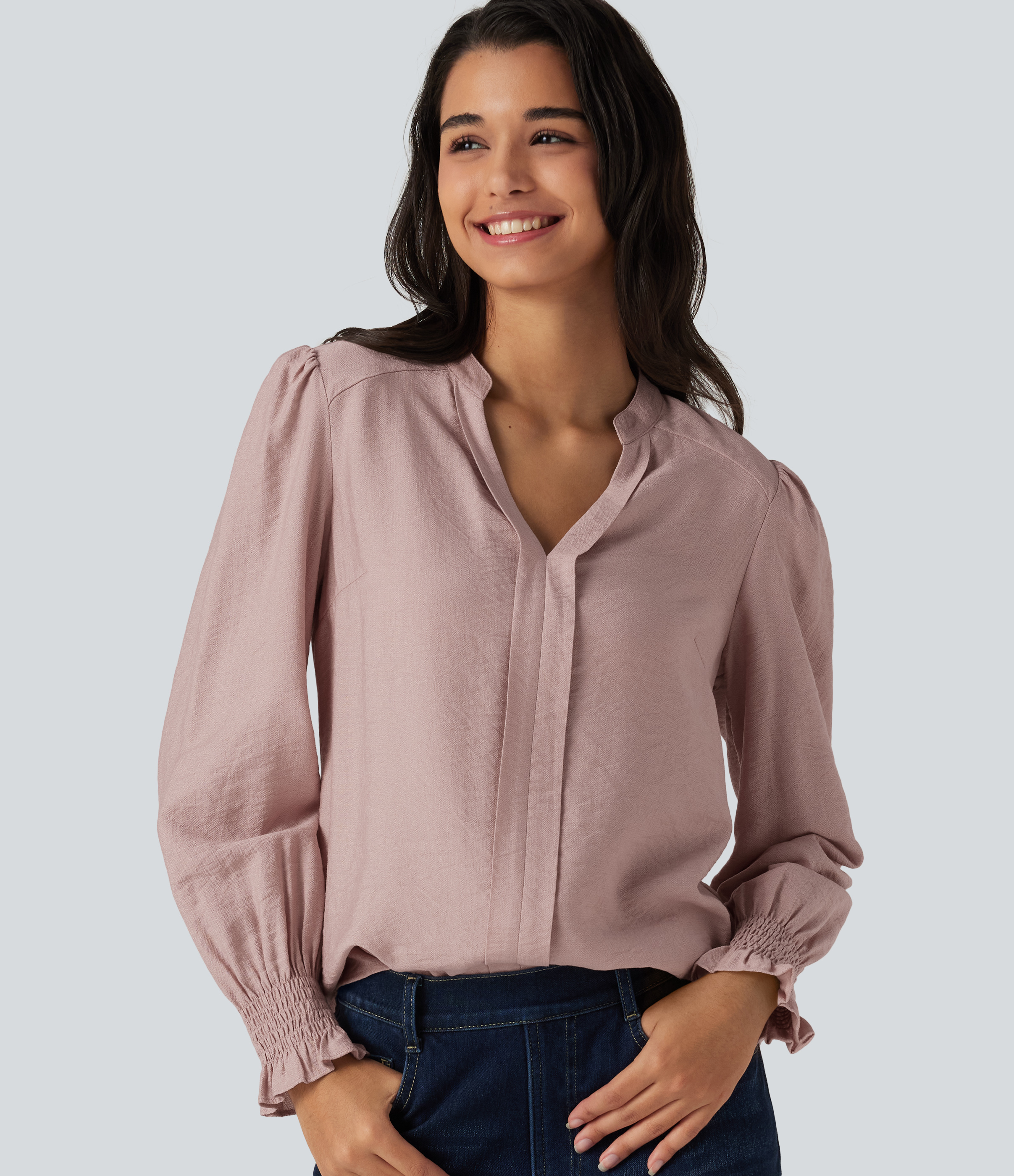 Blouse décontractée à encolure en V et manches longues bouffantes