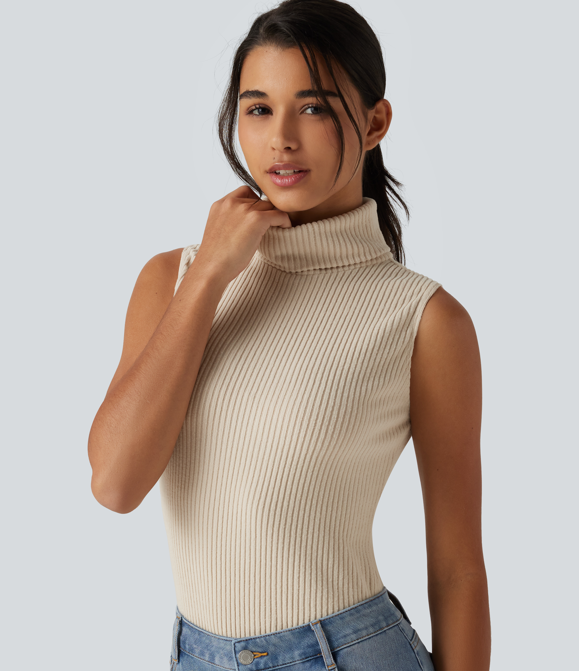 Ribbed Knit High Neck Casual Tank Top