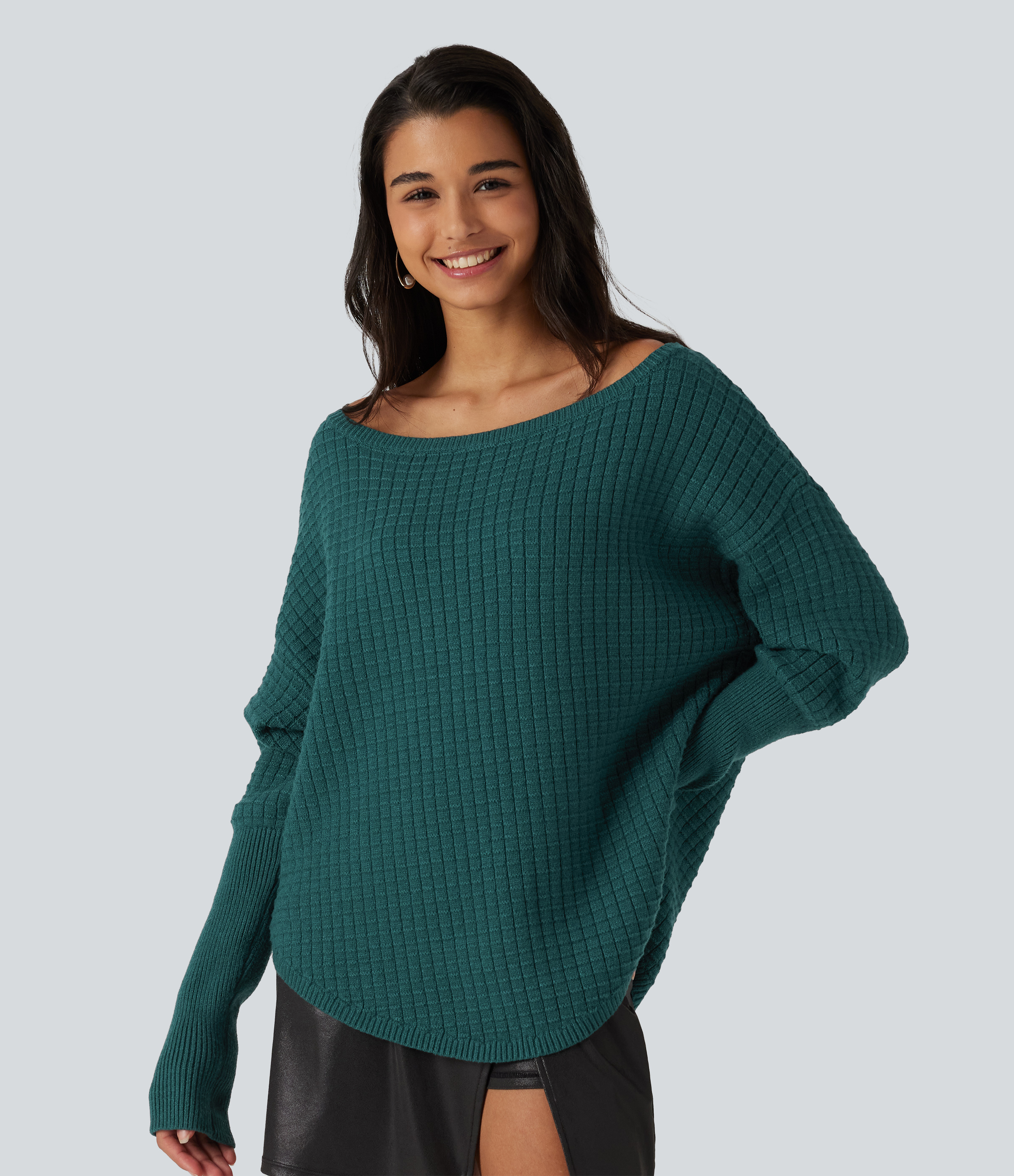 Off Shoulder Batwing Long Sleeve Work Sweater 
