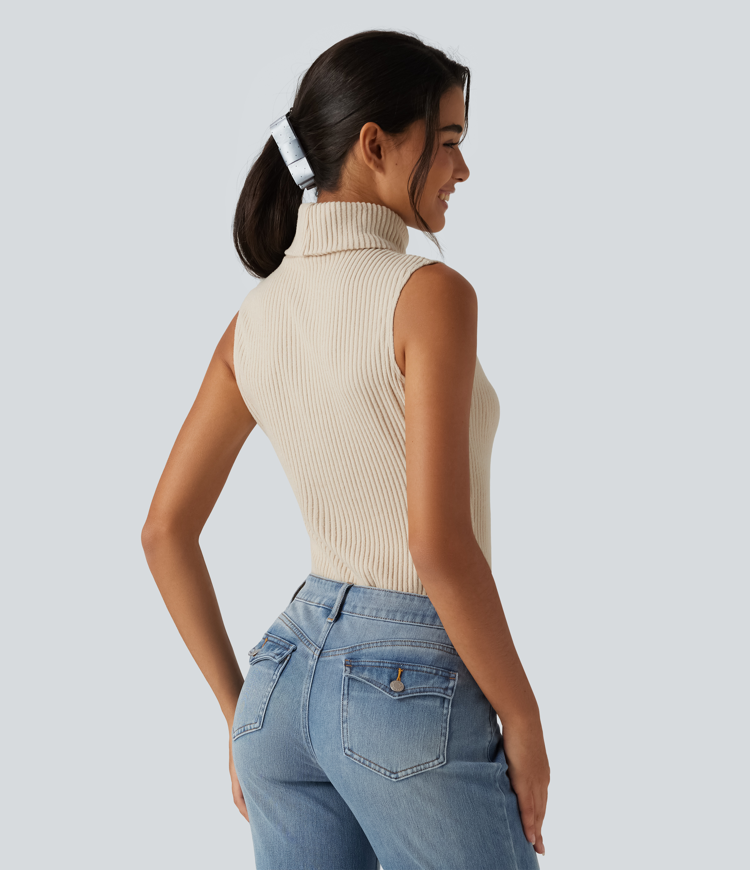 Whipped Taupe Casual tanktop van geribbelde breistof met hoge hals / 2