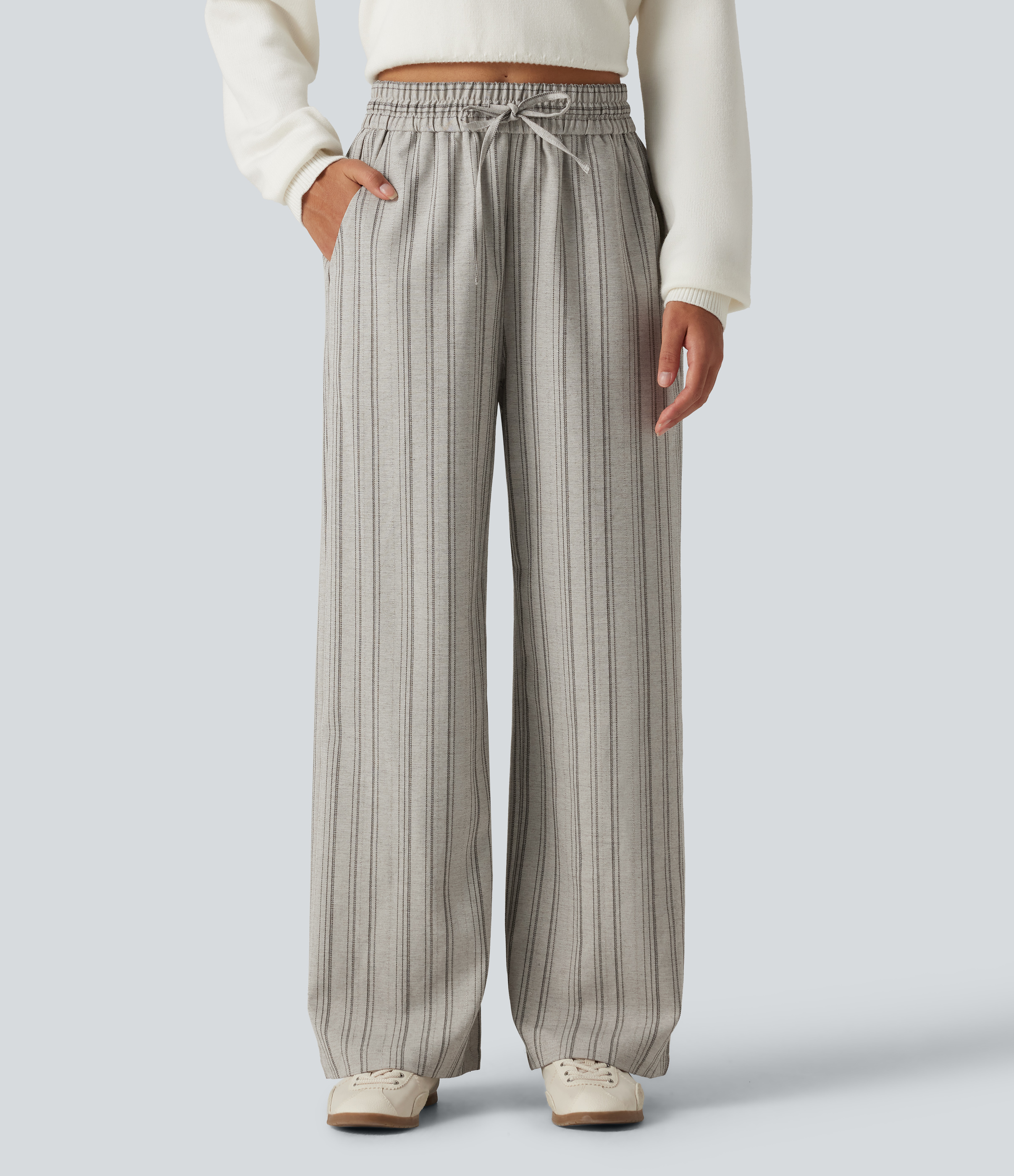 Lässige Baggy-Hose in Leinenoptik mit hohem Bund, Seitentaschen, Kordelzug, Streifen und weitem Bein