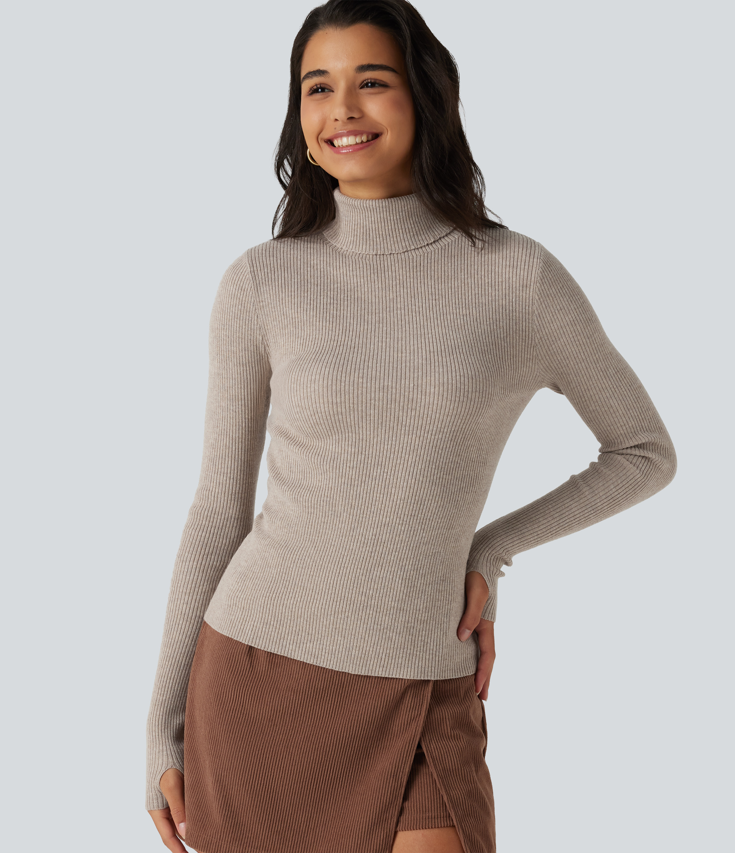 High Neck Long Sleeve Thumb Hole Work Sweater