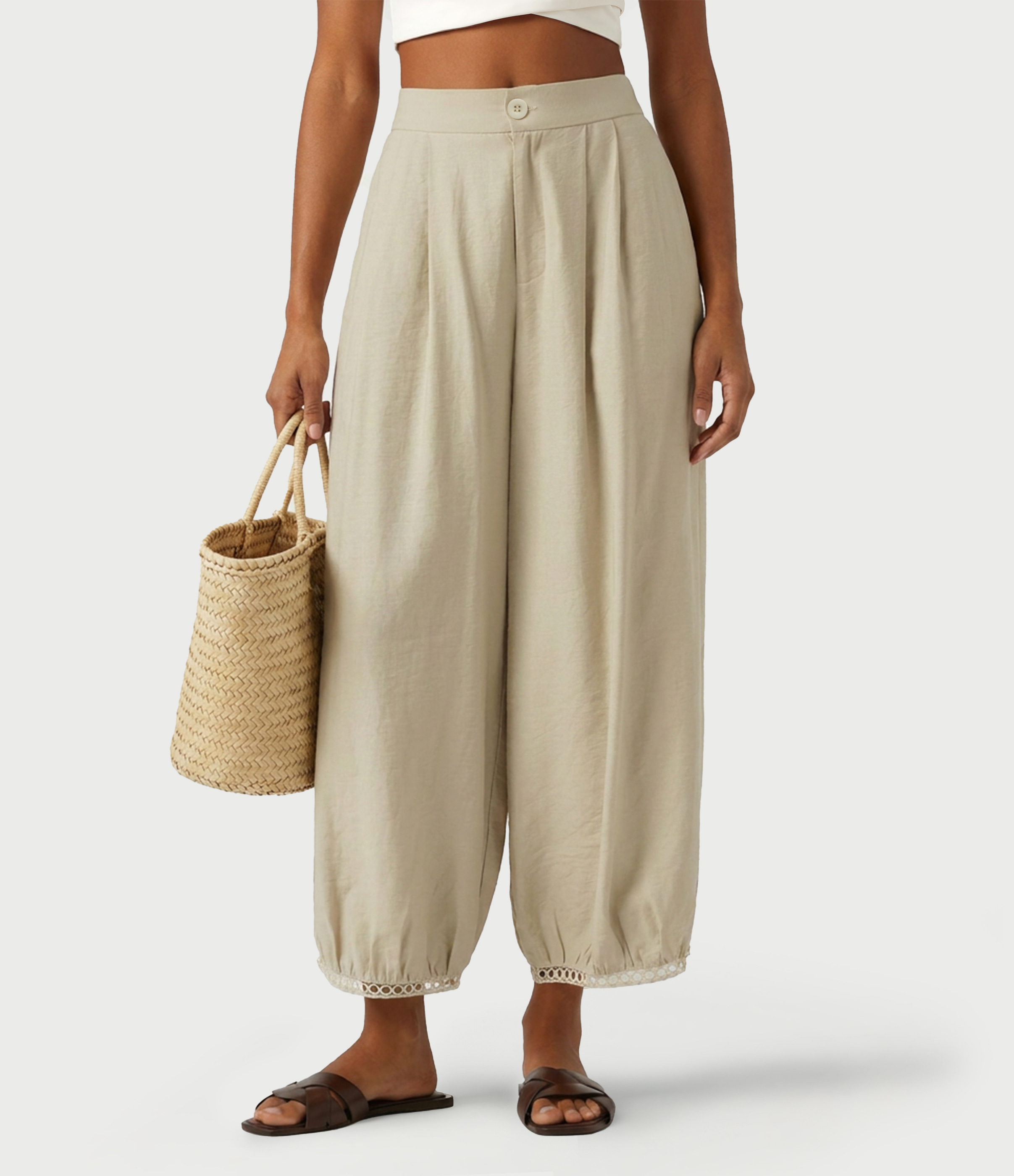 Mid Rise Ladder Trim 7/8 Length Casual Barrel Leg Pants with Pockets