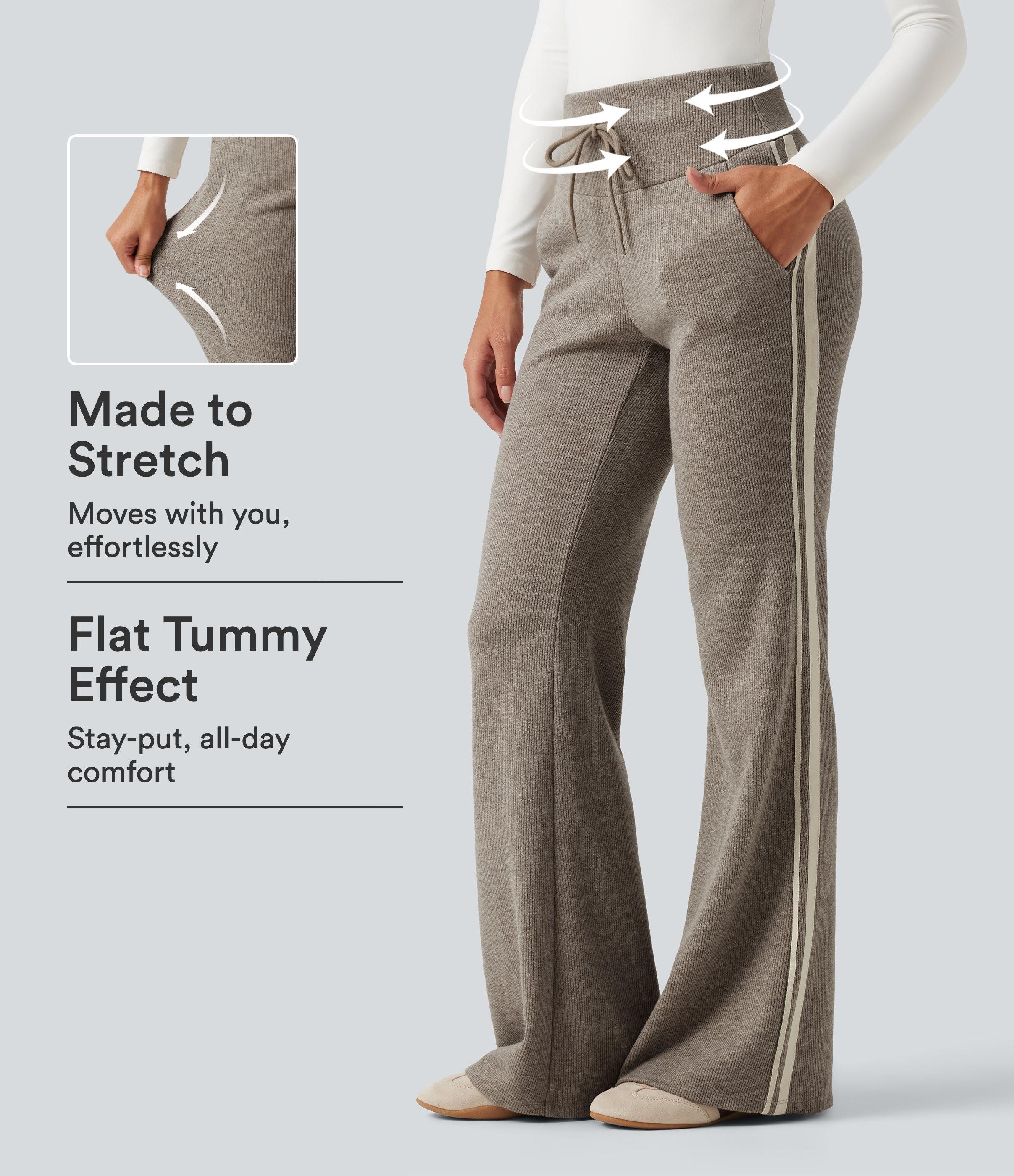Ribbed High Waisted Tummy Control Drawstring Side Stripe Flare Casual Pants with Pockets