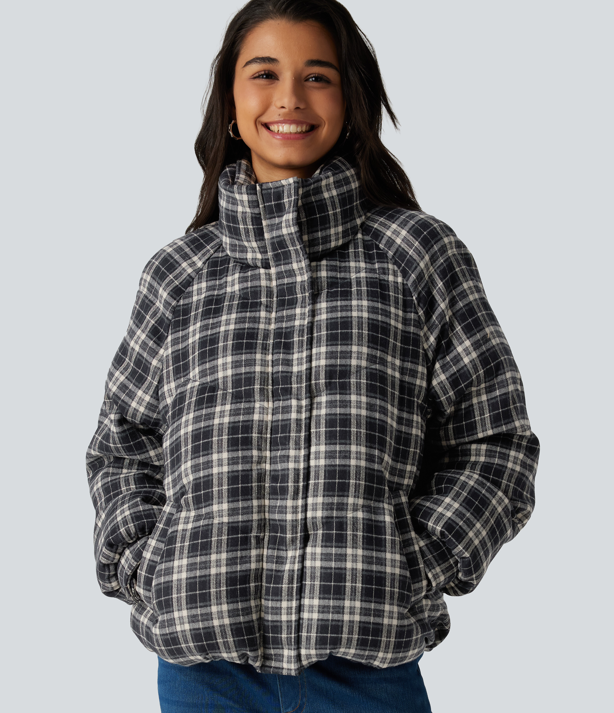 Stand Collar Long Sleeve Plaid Casual Padded Jacket with Pockets