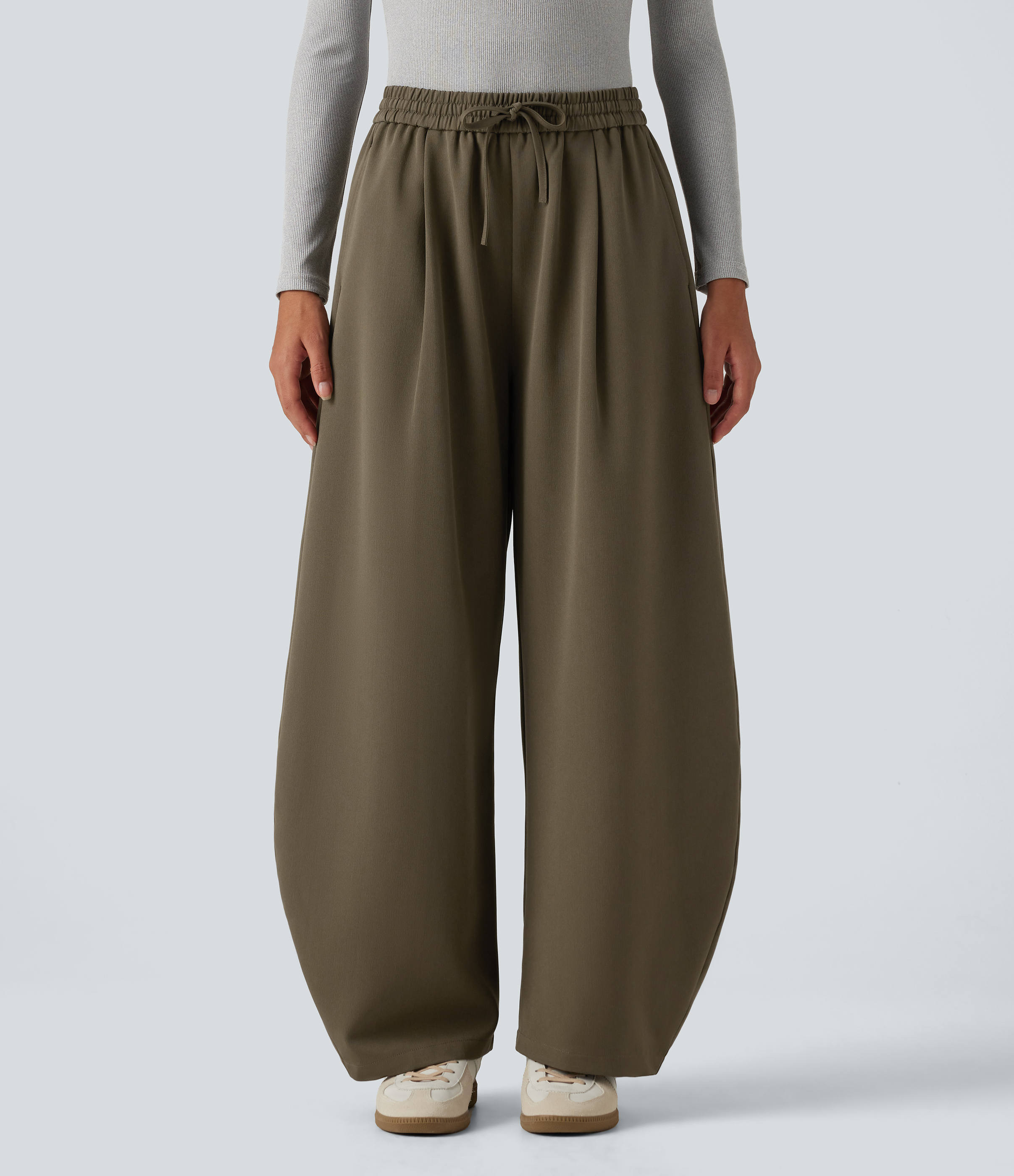 High Waisted Drawstring Barrel Leg Work Pants with Pockets