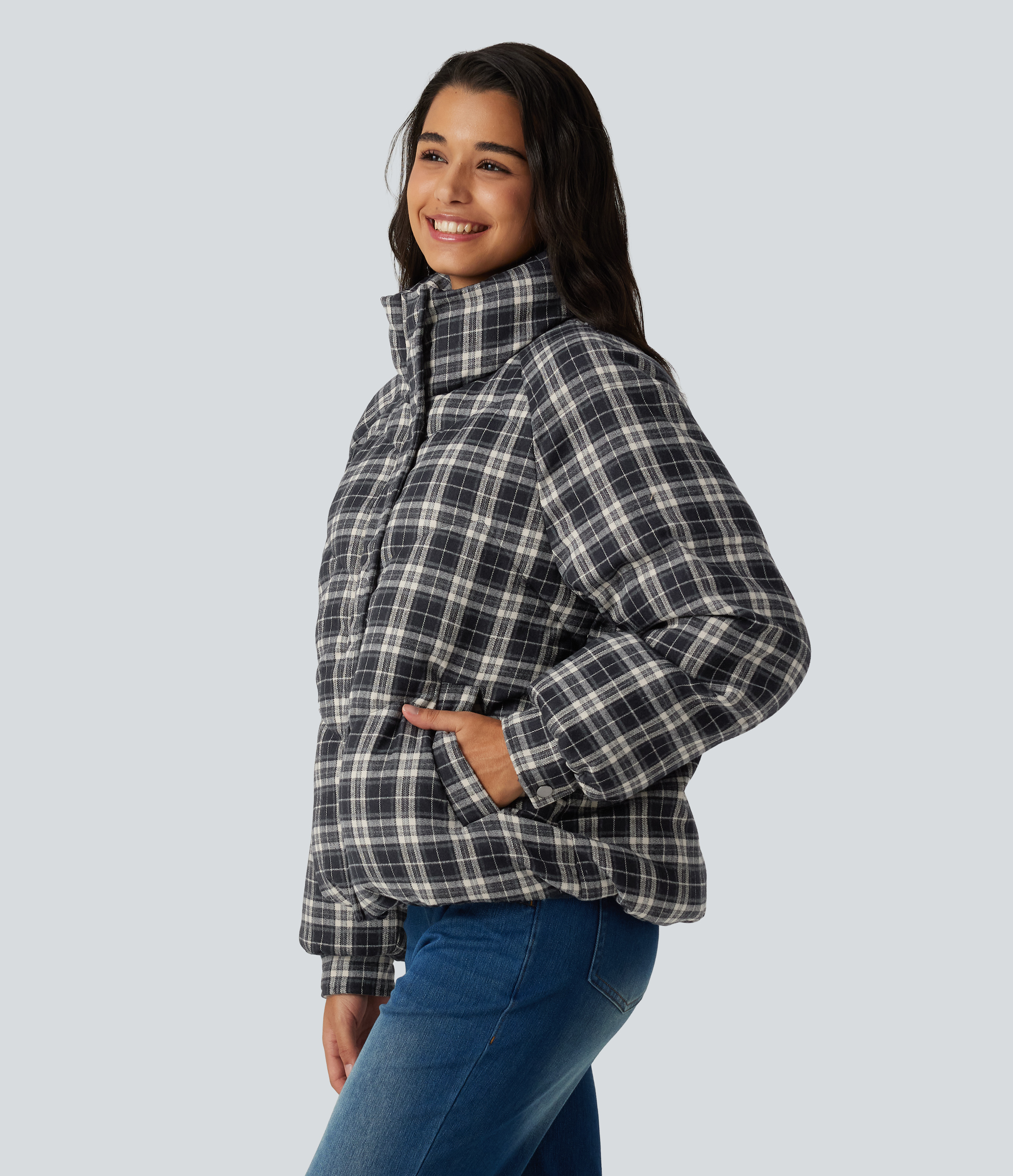Stand Collar Long Sleeve Plaid Casual Padded Jacket with Pockets