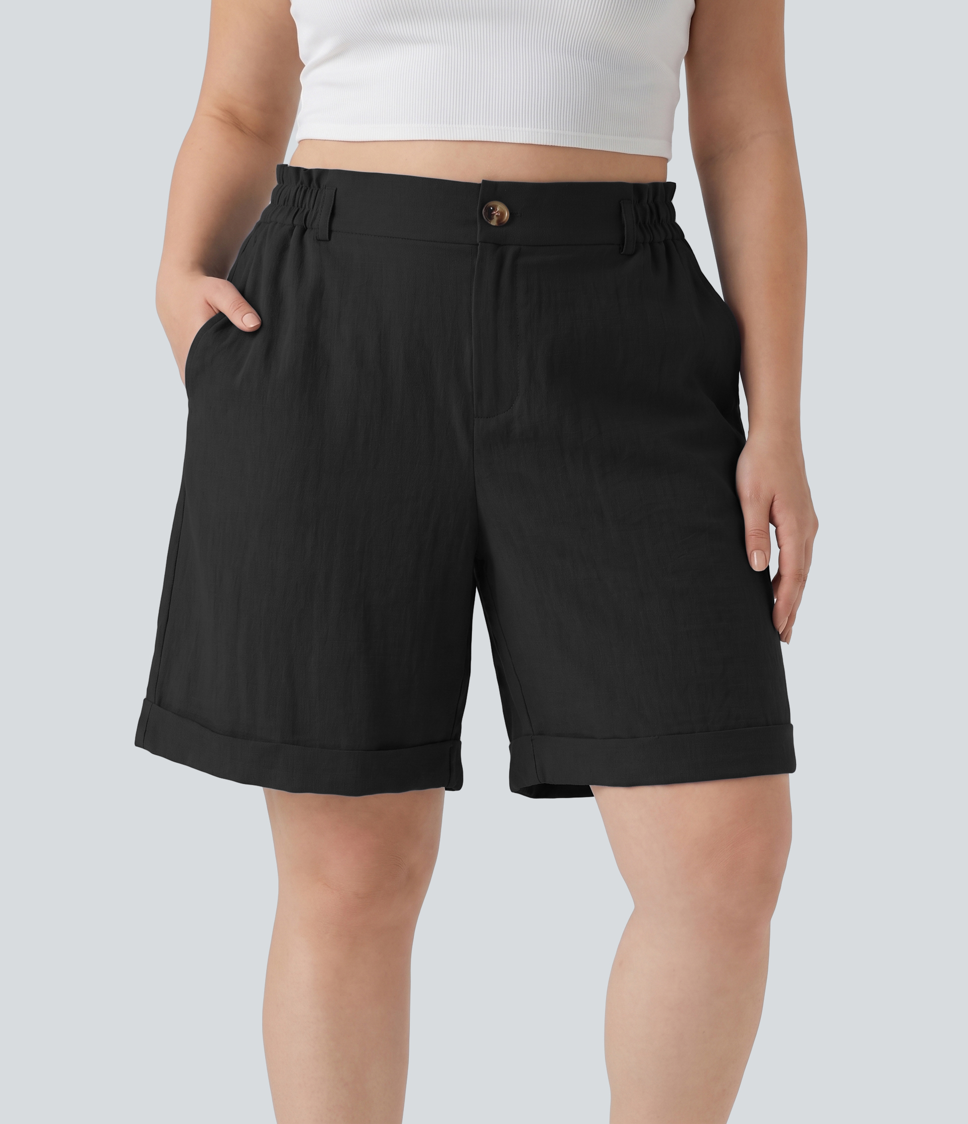 Plus Size High Waisted Rolled Hem Linen-Feel Resort Bermuda Shorts 10'' with Pockets
