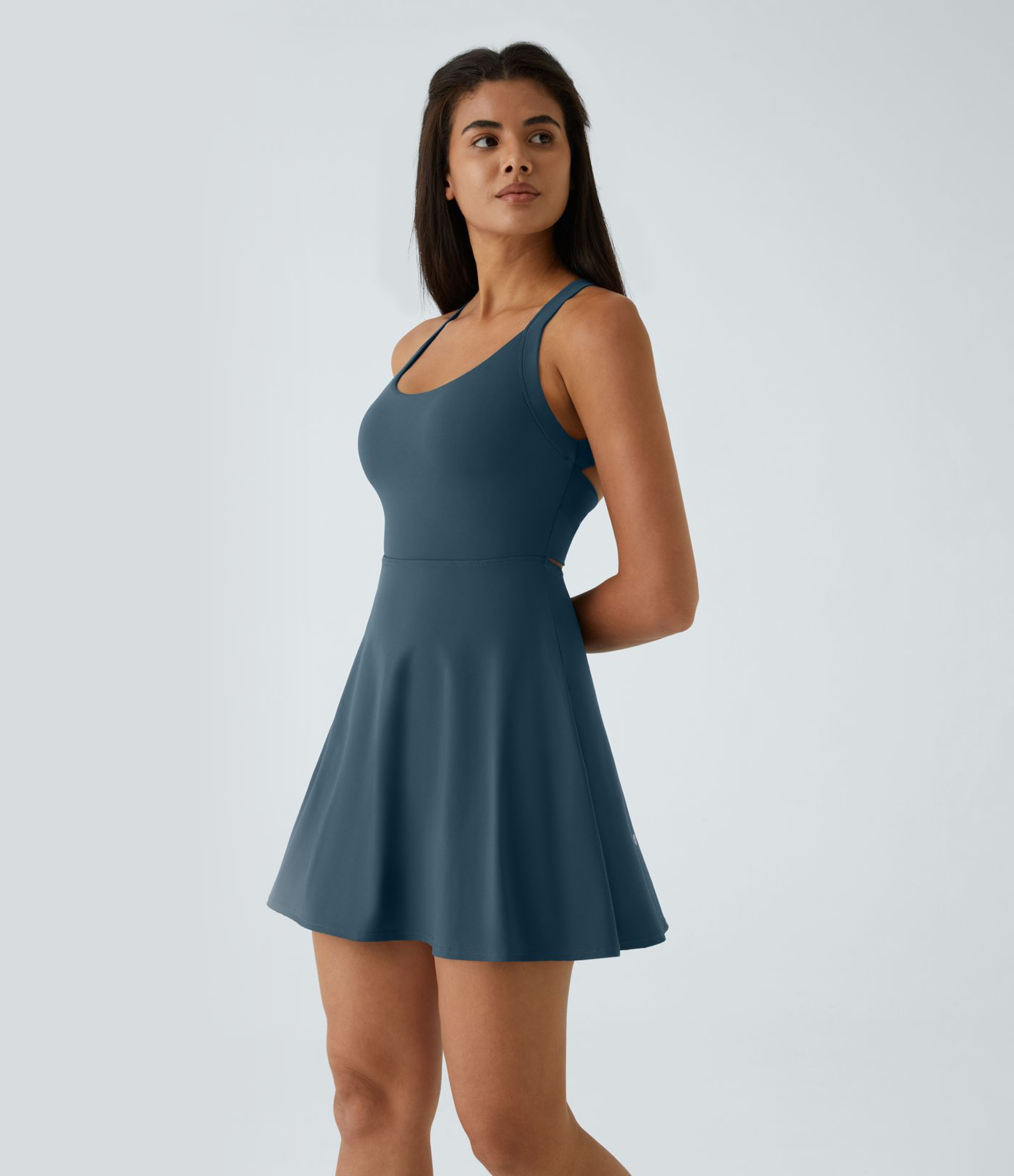 Majolica Blue SoftlyZero™ Airy Backless Twisted Flare Low Support Dance Active Dress-Longer Length-Easy Peezy Edition A-D Cups / 2