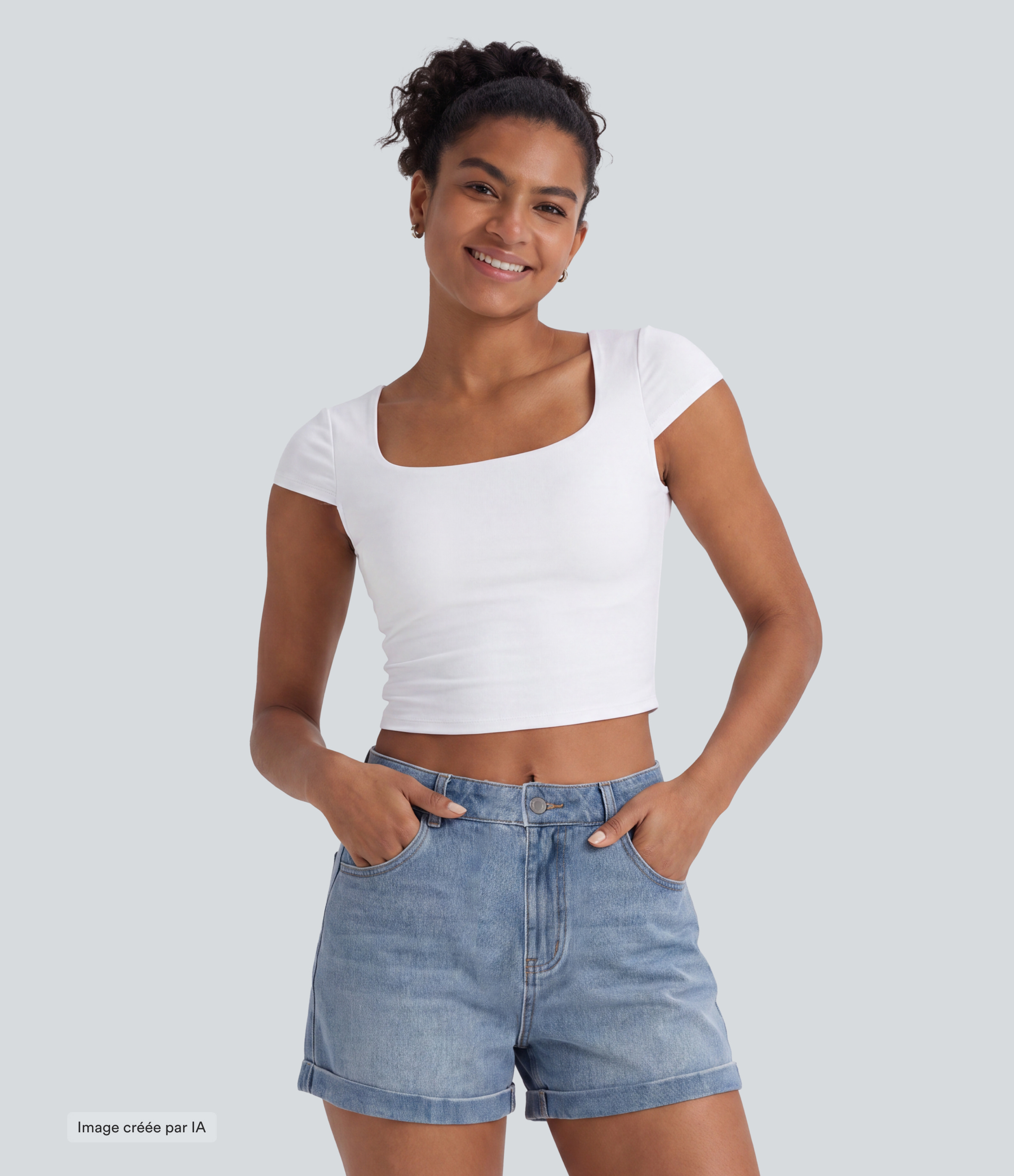 Short 7,5 cm décontracté en jean extensible Halara Flex™ taille moyenne avec boutons, zip et multiples poches