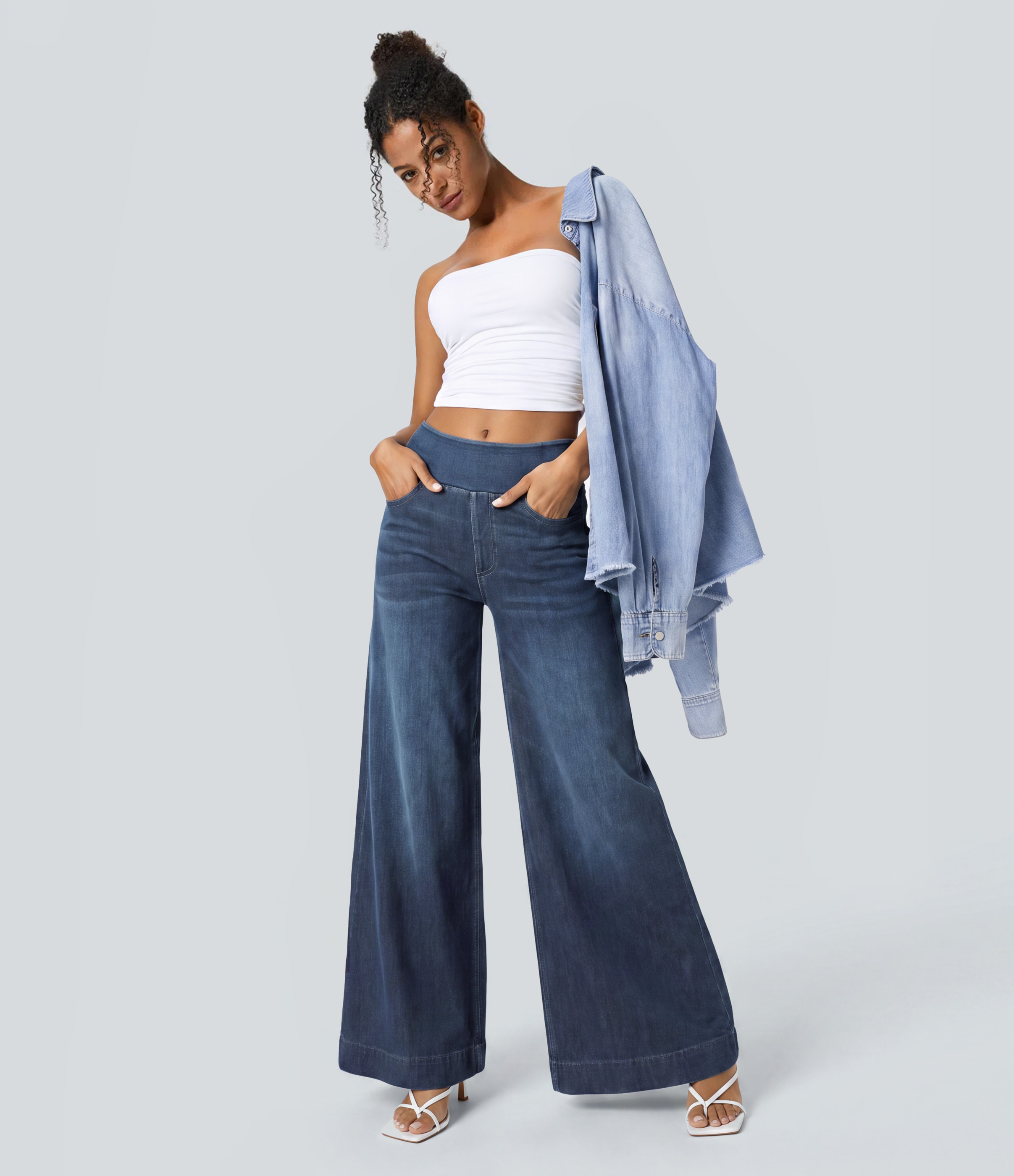 Halara Flex™ High Waisted Pockets Baggy Wide Leg Washed Casual Jeans
