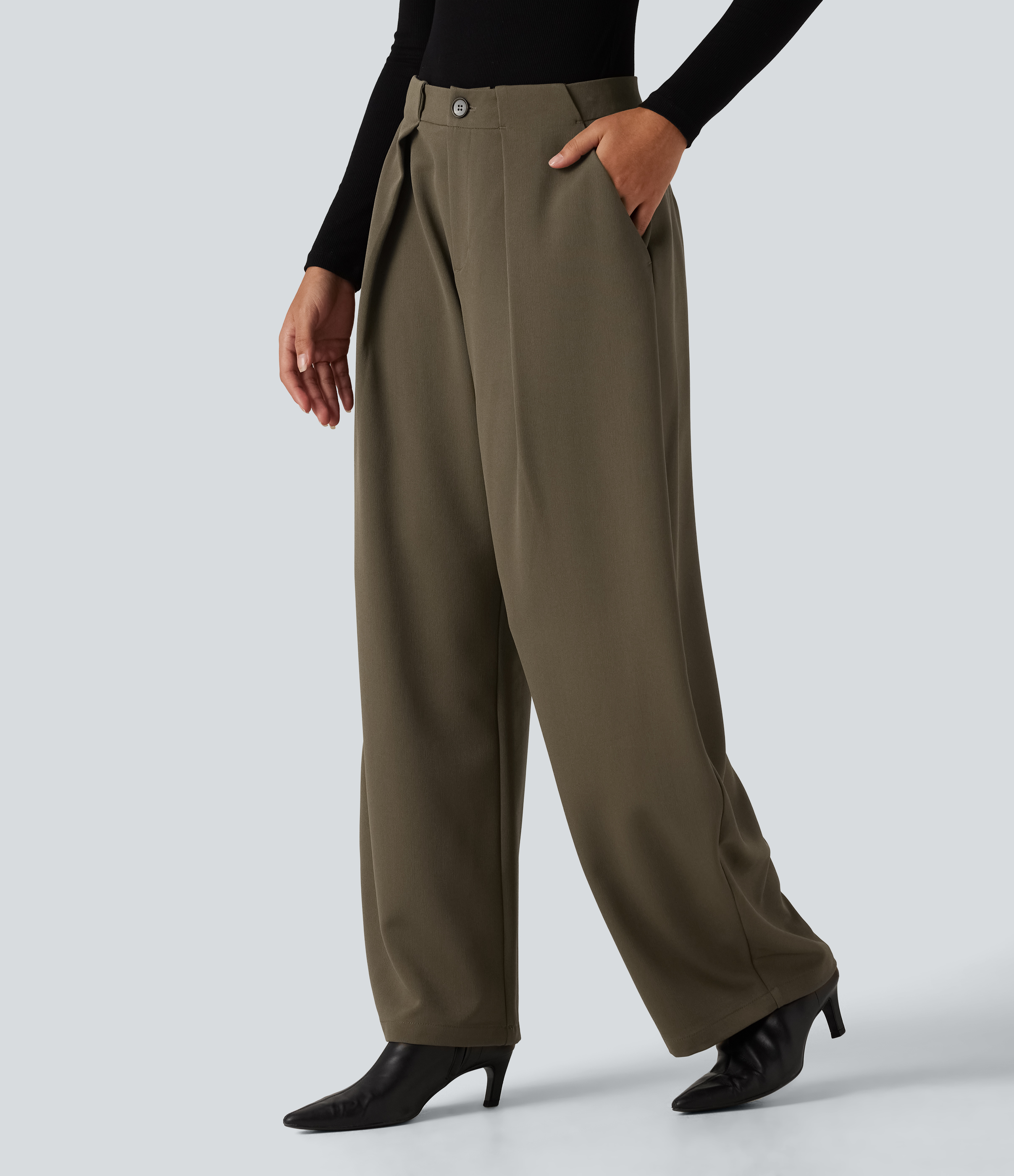 Forest Wild Brown High Waisted Barrel Leg Work Pants with Pockets  / 2