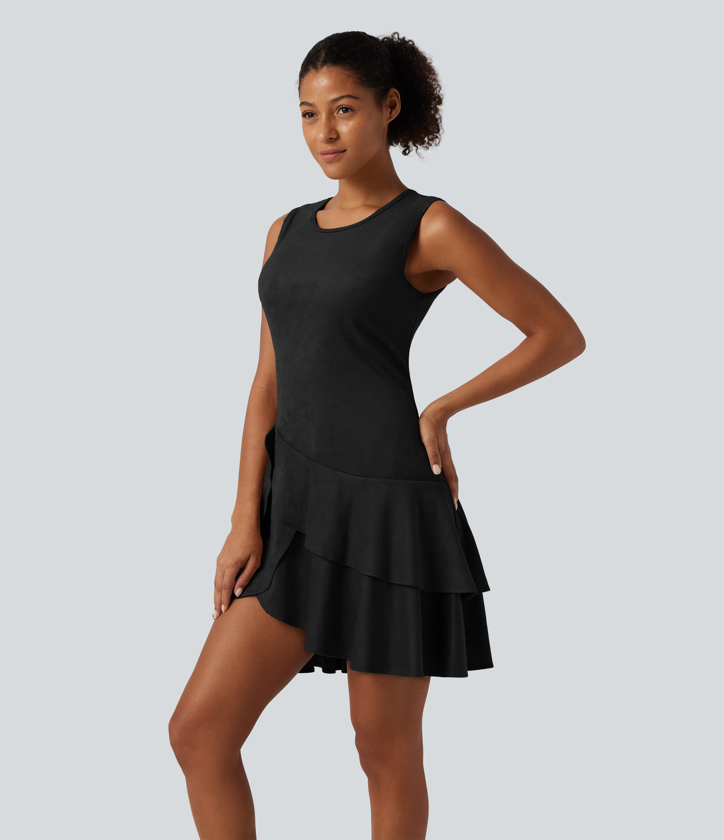 Round Neck Sleeveless Layered Ruffle Hem Suede Mini Casual Dress