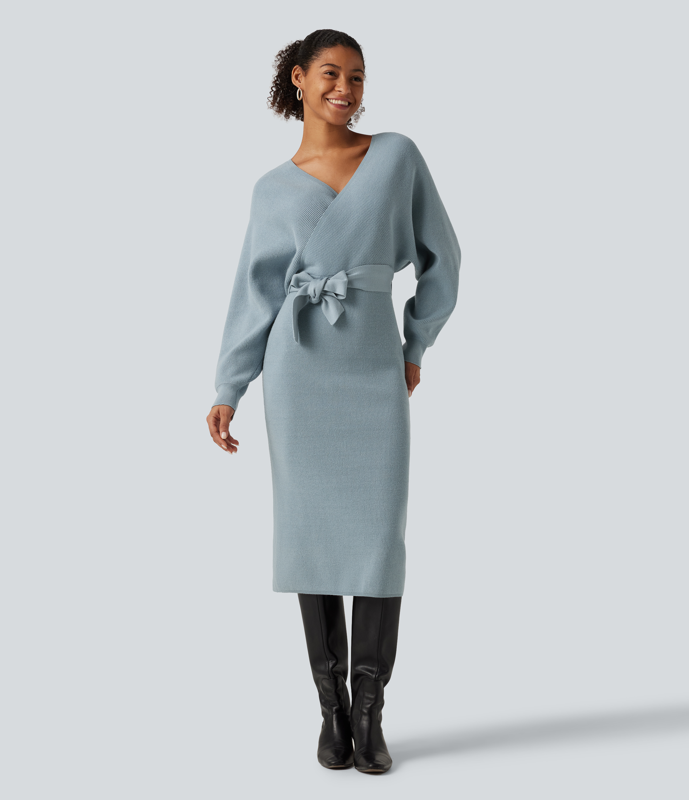 Crossover V Neck Batwing Long Sleeve Belted Midi Casual Sweater Dress