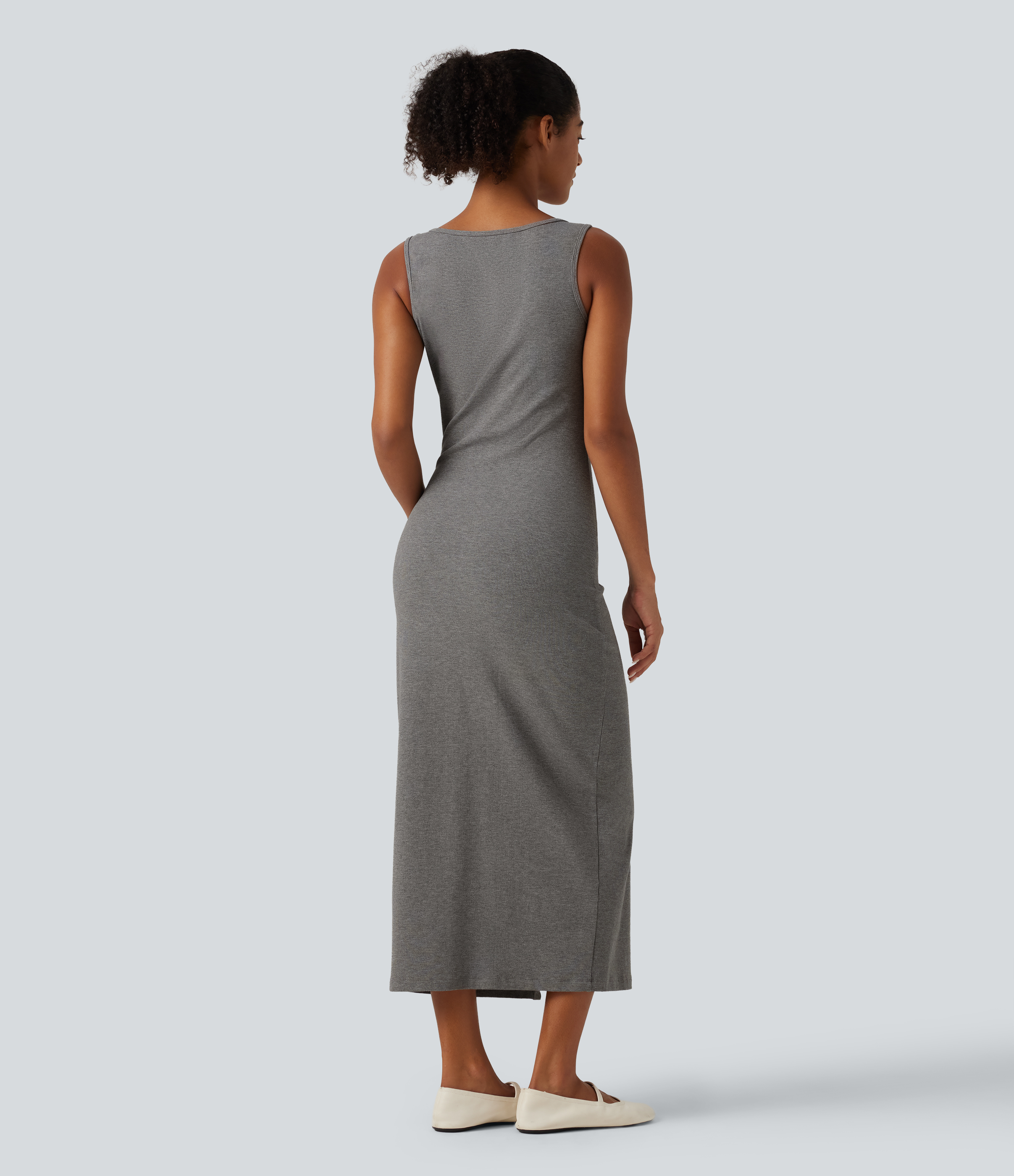 Ash Grey U Neck Sleeveless Slit Hem Decorative Button Midi Casual Dress / 2