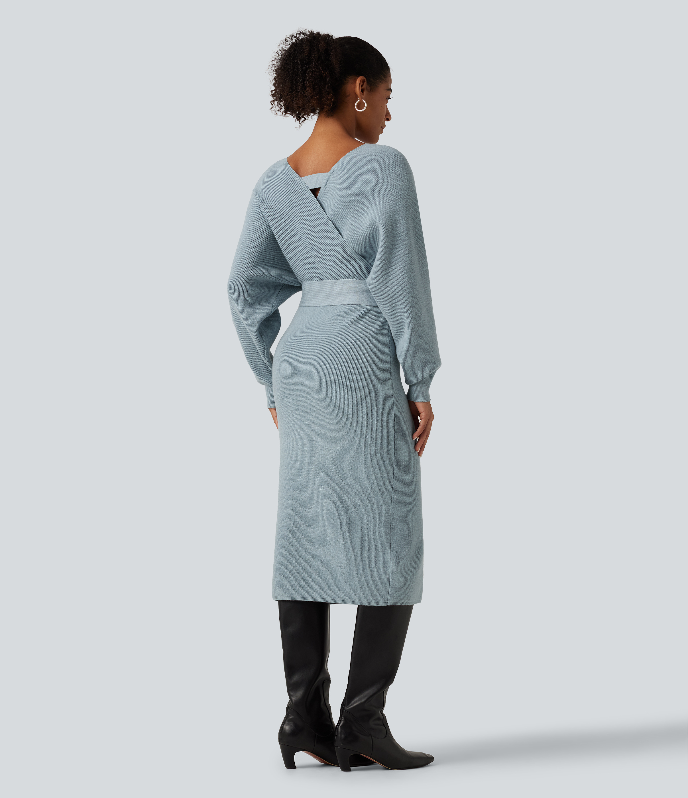 Citadel Crossover V Neck Batwing Long Sleeve Belted Midi Casual Sweater Dress / 2