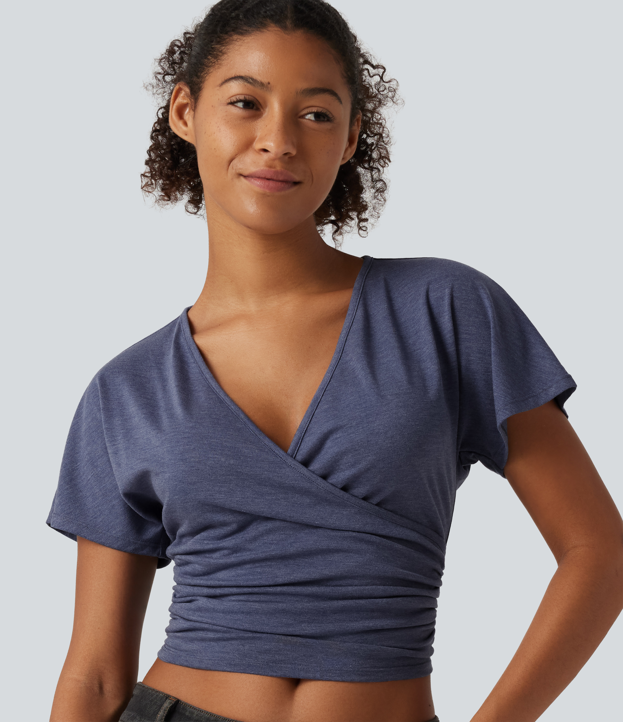 V Neck Flounce Short Sleeve Ruched Casual T-Shirt