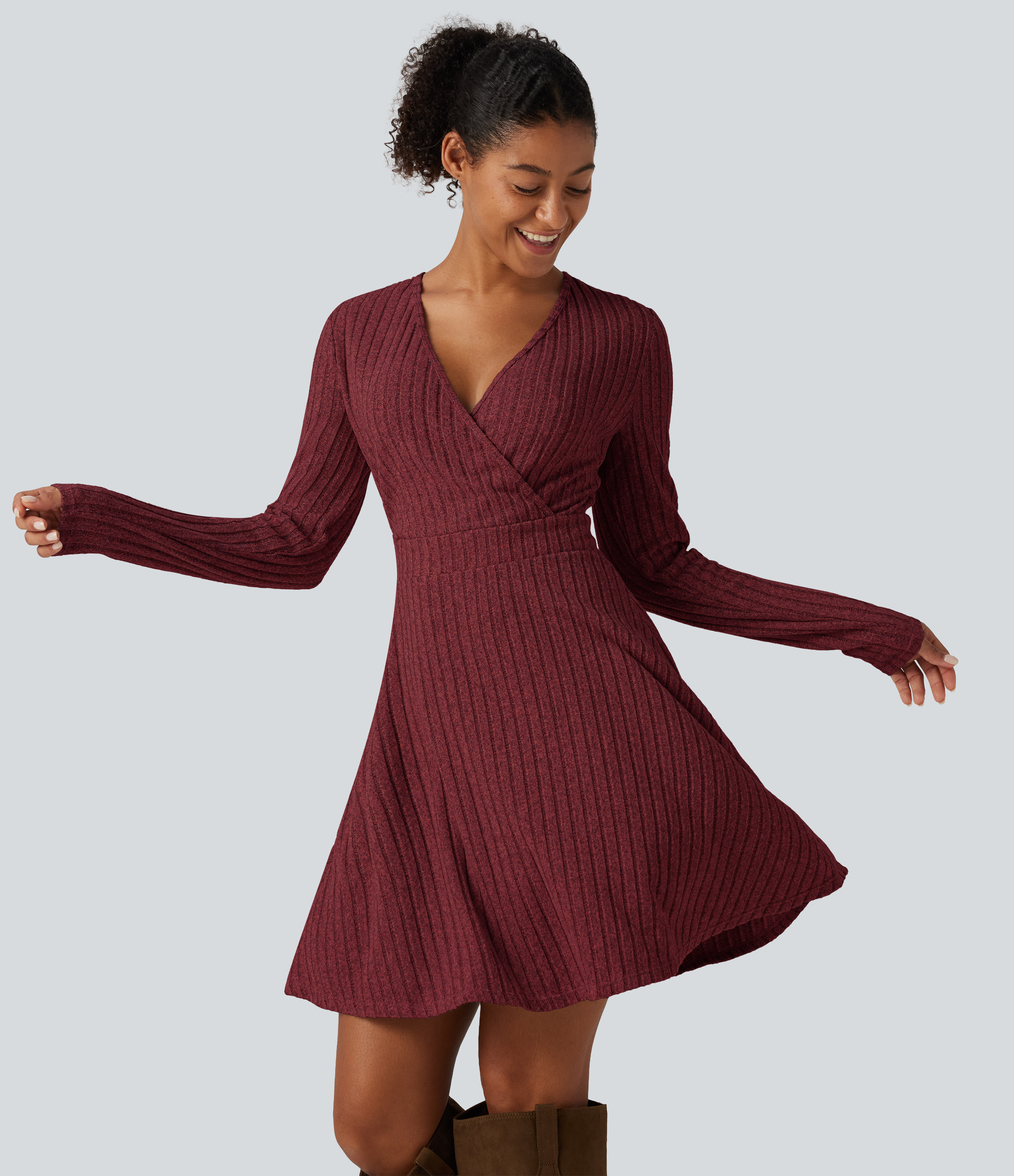 Ribbed Knit V-Neck Crossover Long Sleeve Mini Casual Dress
