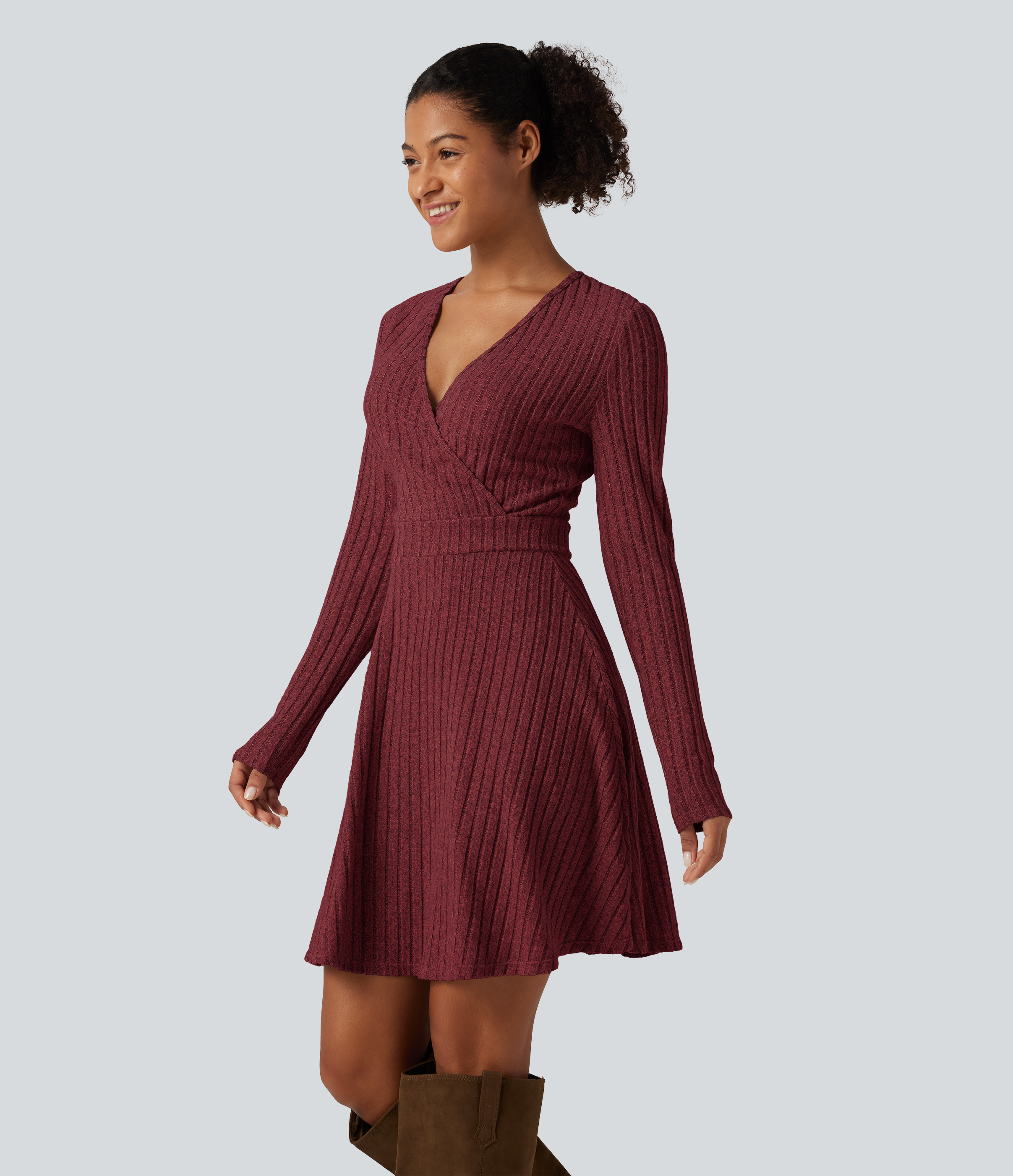 Wine Red Floral Yarn Robe mini en maille côtelée à col V croisé et manches longues / 2