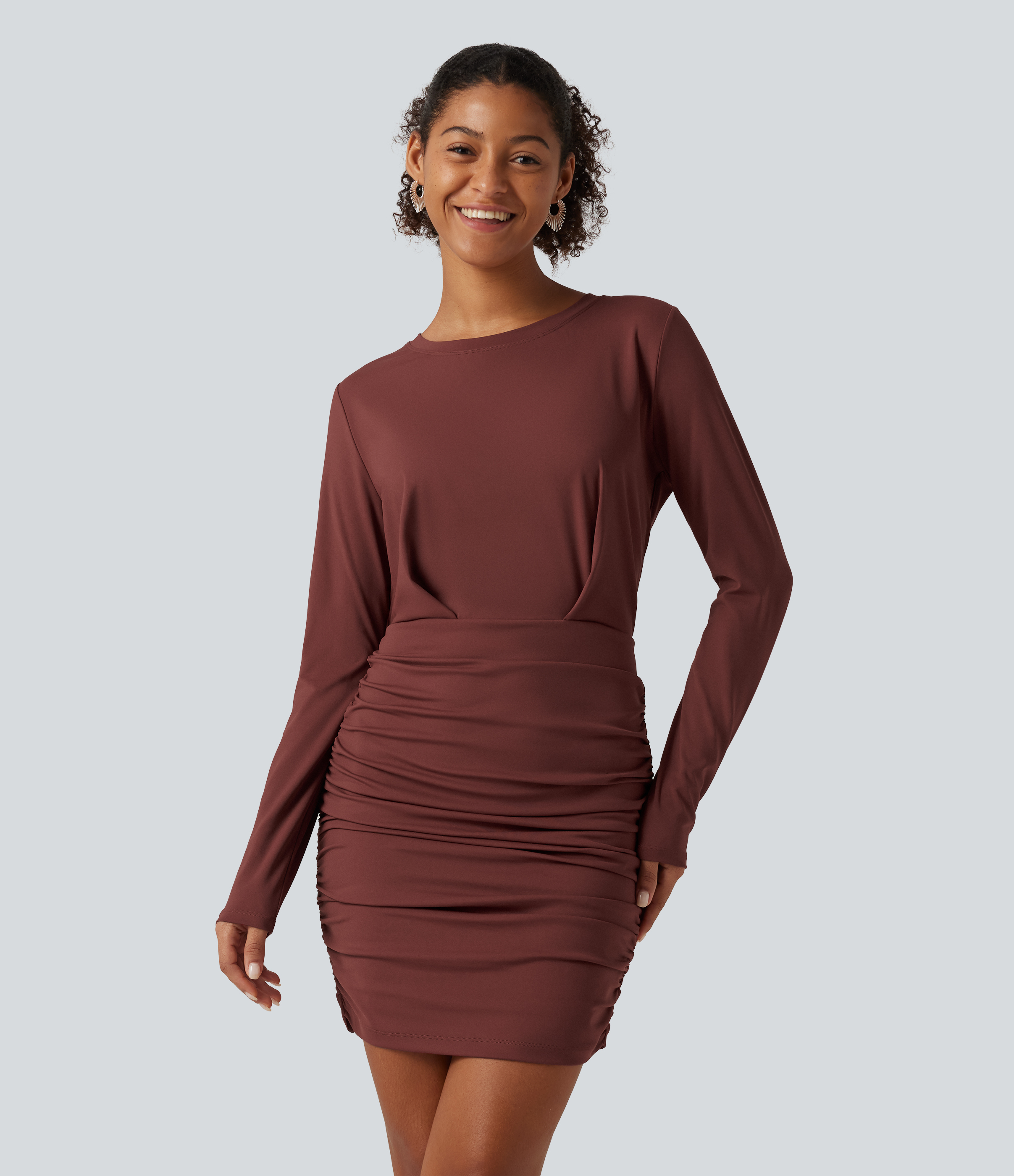 SoftlyZero™ Airy Round Neck Long Sleeve Ruched InstantCool Bodycon Mini Party Dress