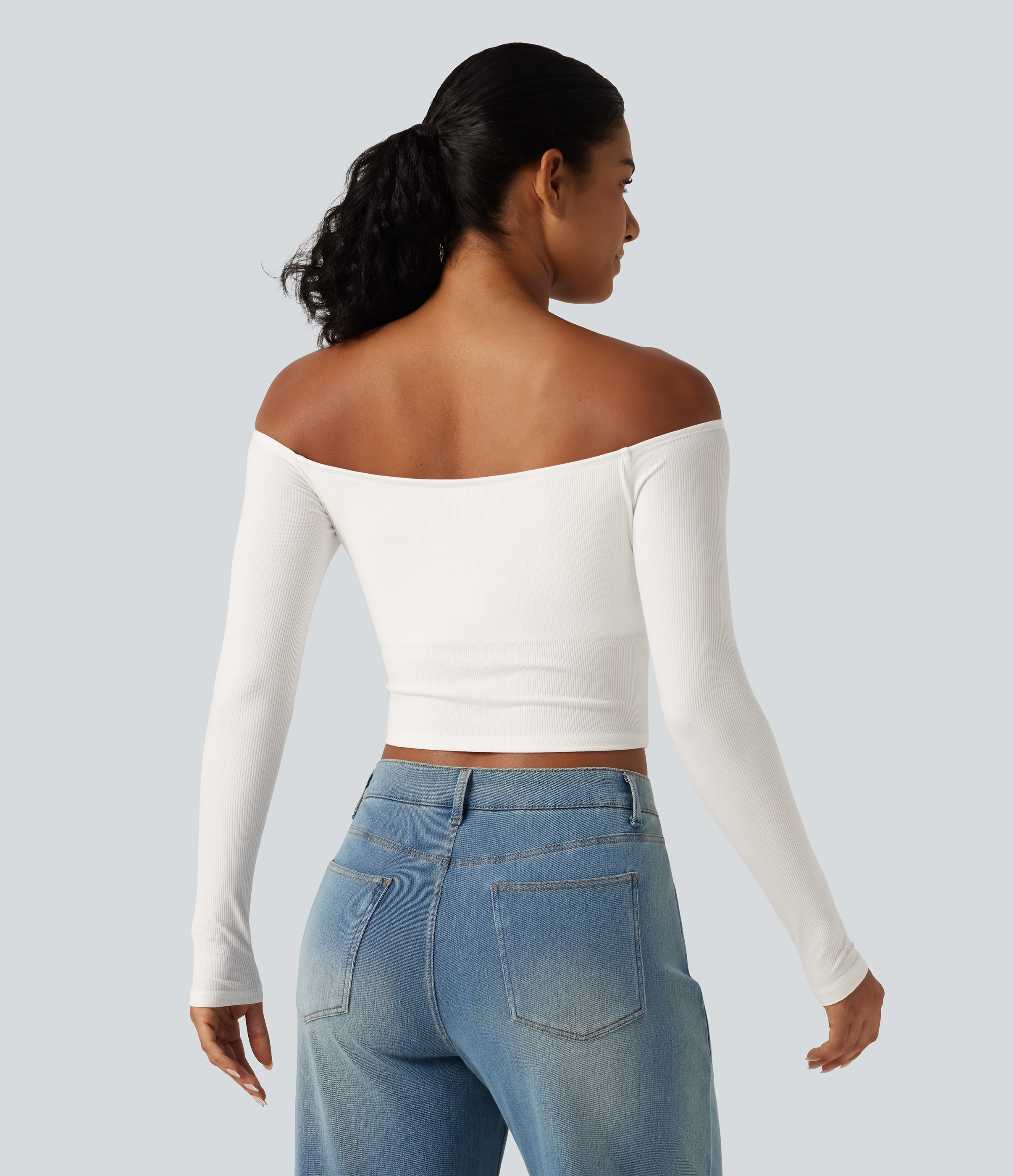 White Ribbed Knit Off Shoulder Long Sleeve Built-in Bra Cropped Casual Top / 2