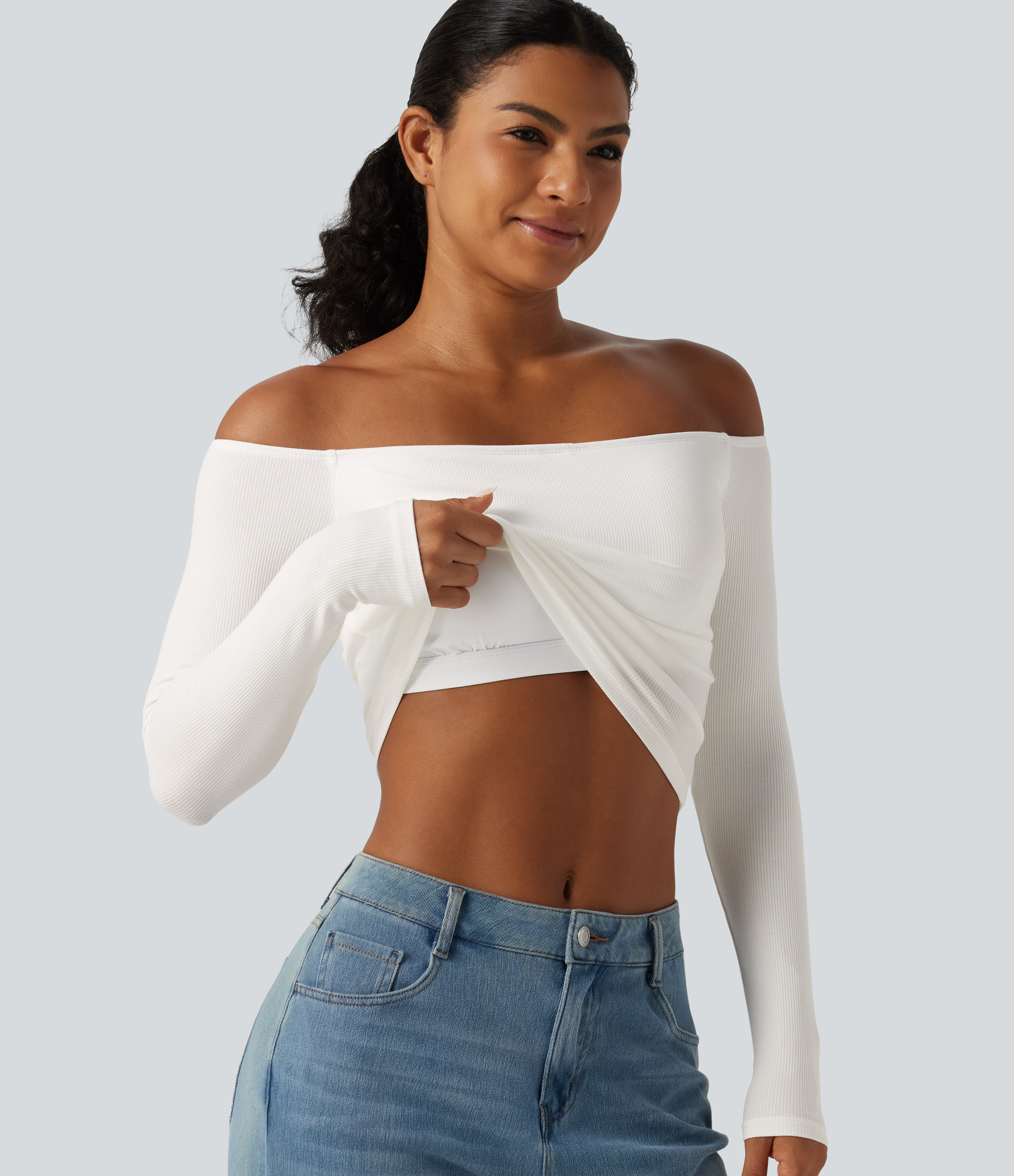 Ribbed Knit Off Shoulder Long Sleeve Built-in Bra Cropped Casual Top