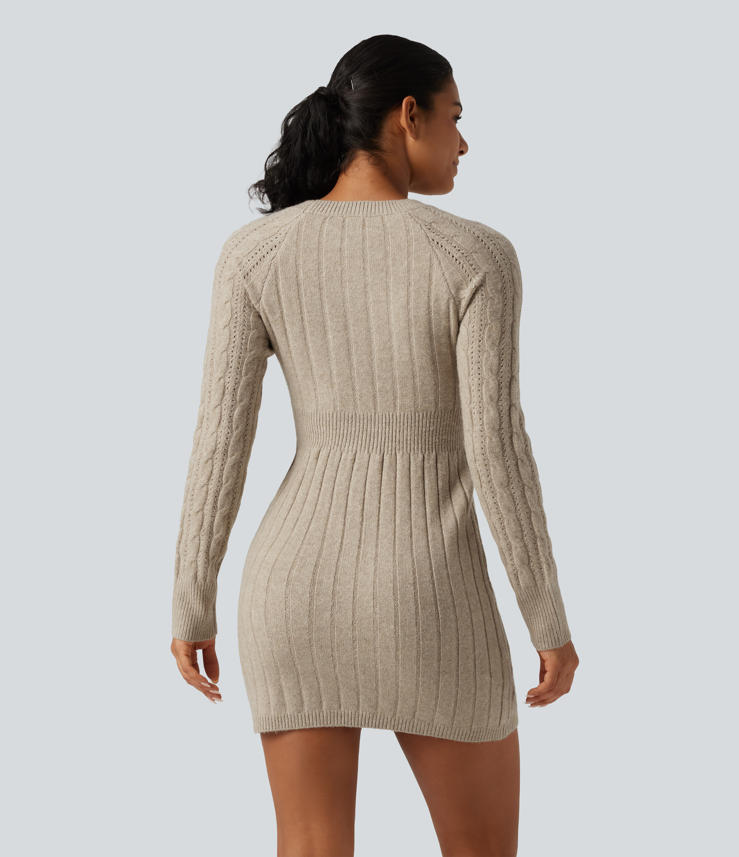 Oatstone Beige Round Neck Raglan Long Sleeve Bodycon Mini Casual Sweater Dress / 2