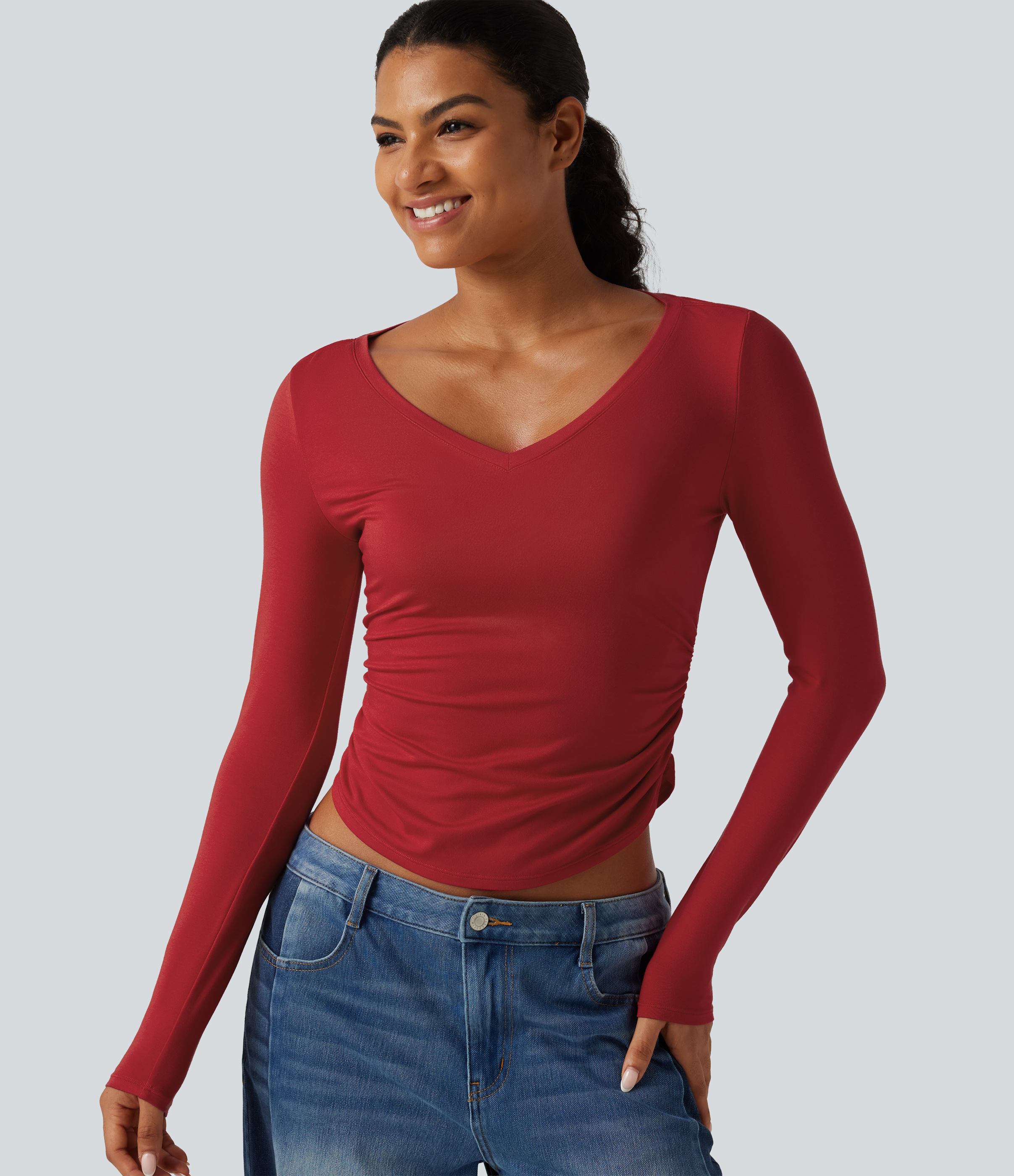V Neck Long Sleeve Curved Hem Ruched Casual T-Shirt