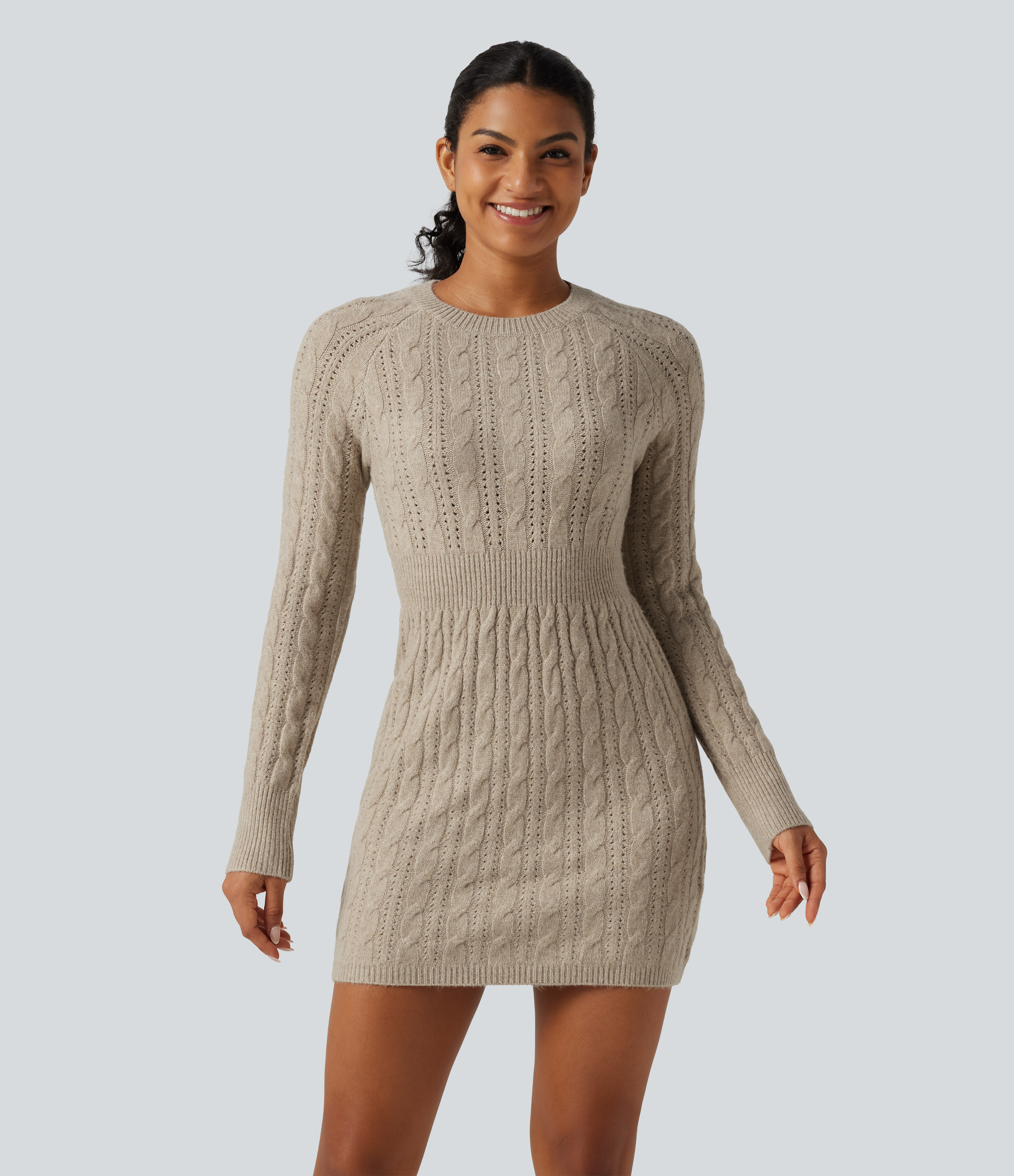 Rundhalset raglan-langærmet bodycon mini sweaterkjole, afslappet stil