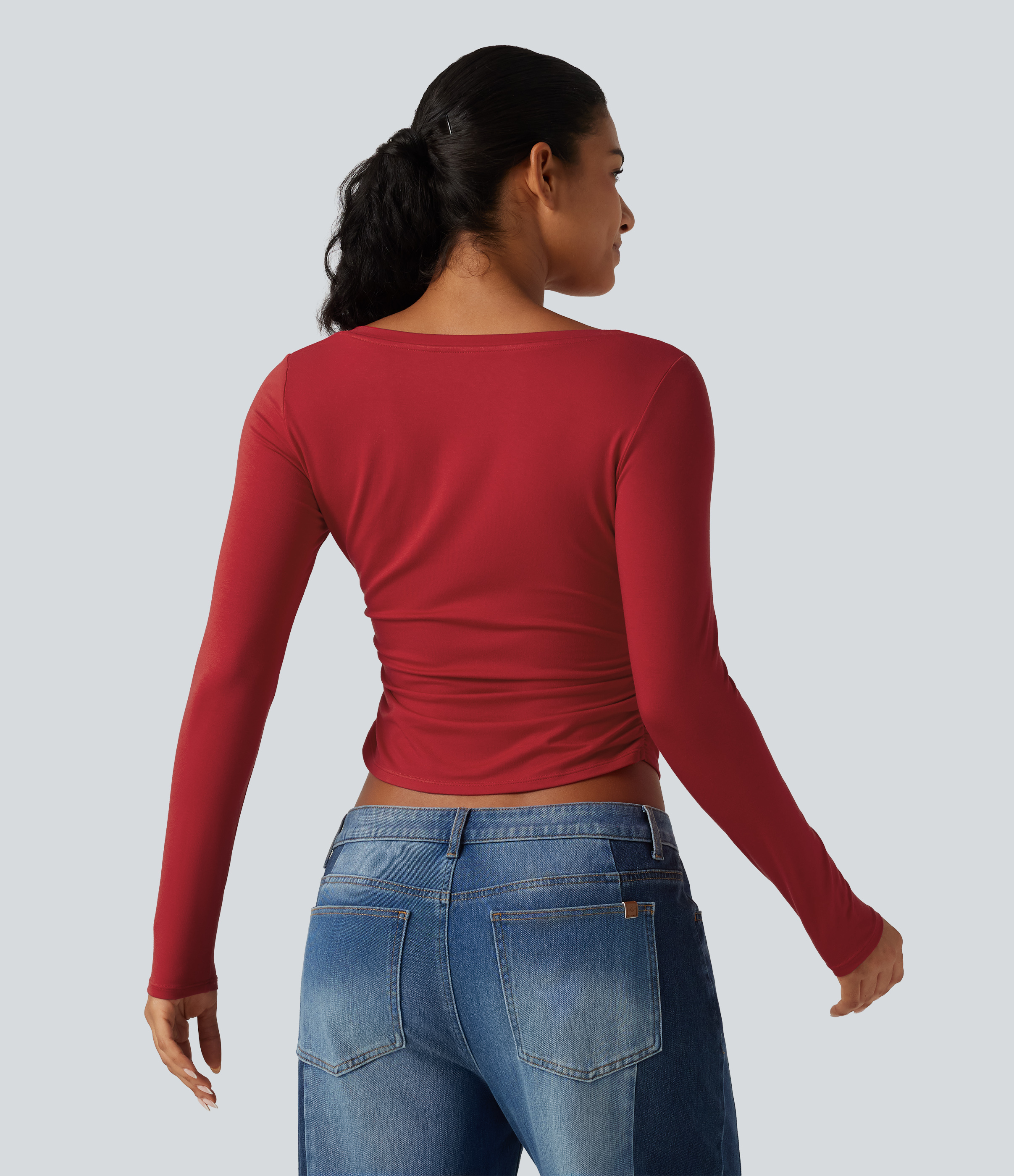 Haute Red V Neck Long Sleeve Curved Hem Ruched Casual T-Shirt / 2