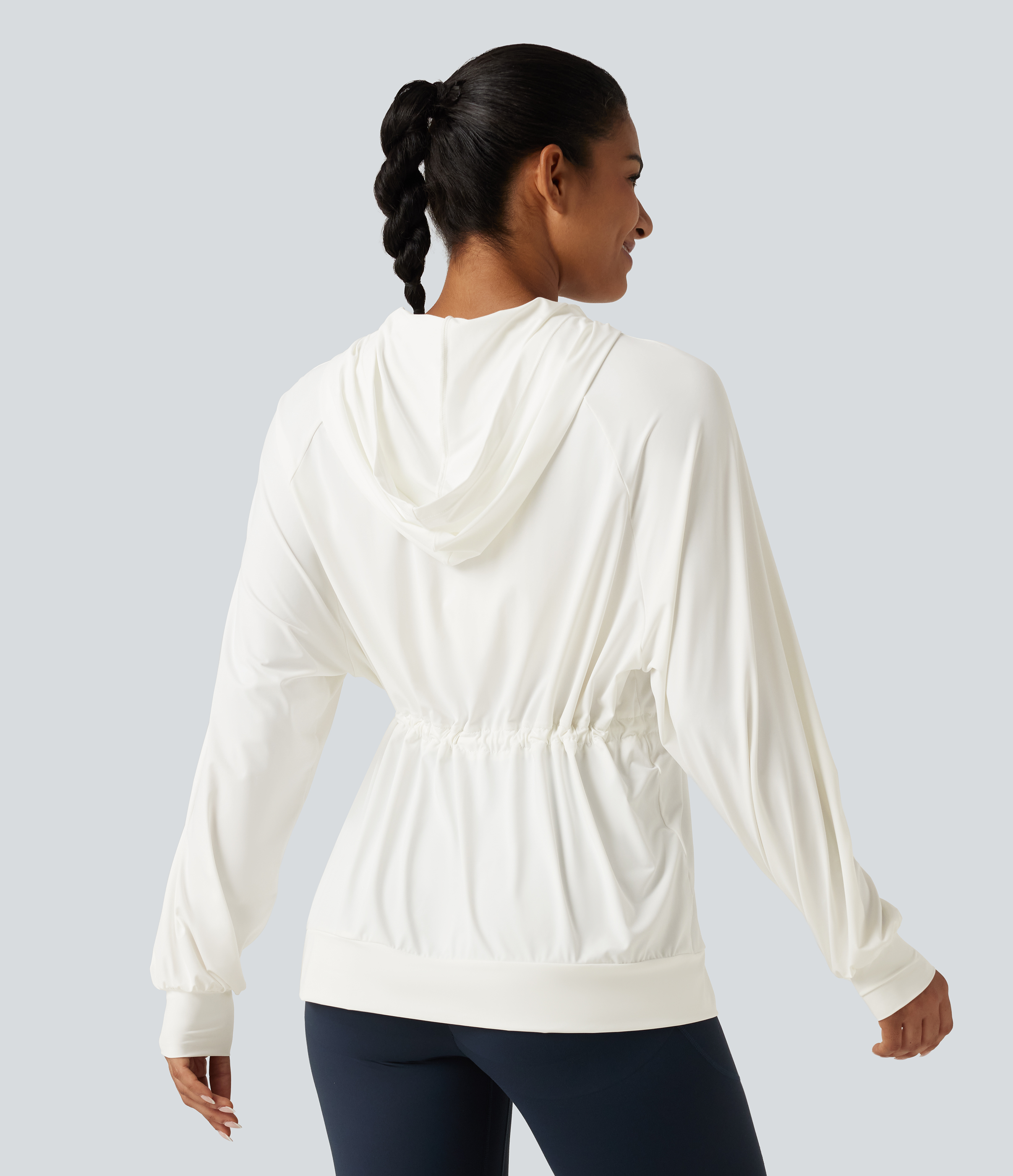 White Hooded Long Sleeve Drawstring InstantCool Yoga Jacket with Pockets-UPF50+ / 2