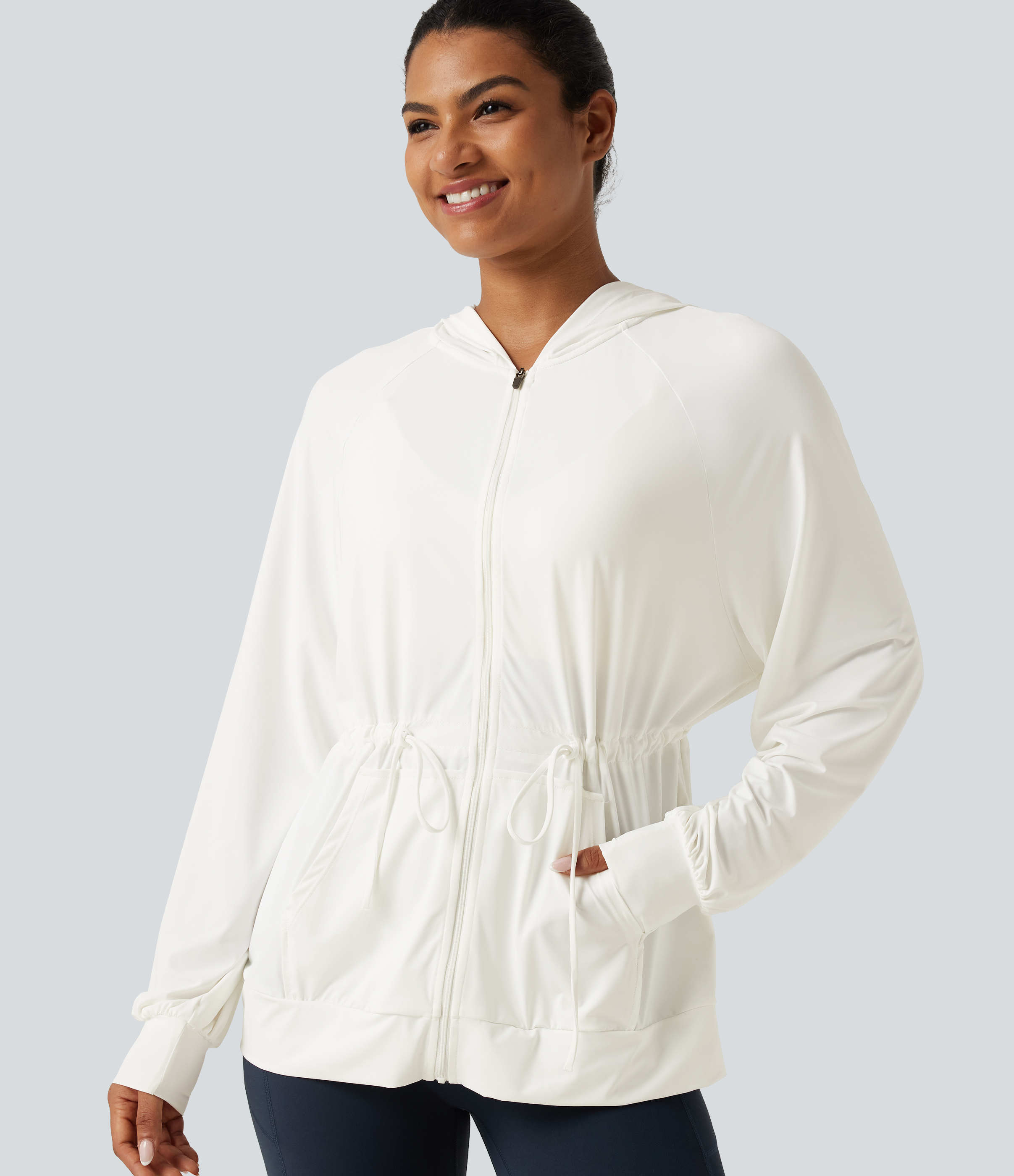 White Hooded Long Sleeve Drawstring InstantCool Yoga Jacket with Pockets-UPF50+ / 1