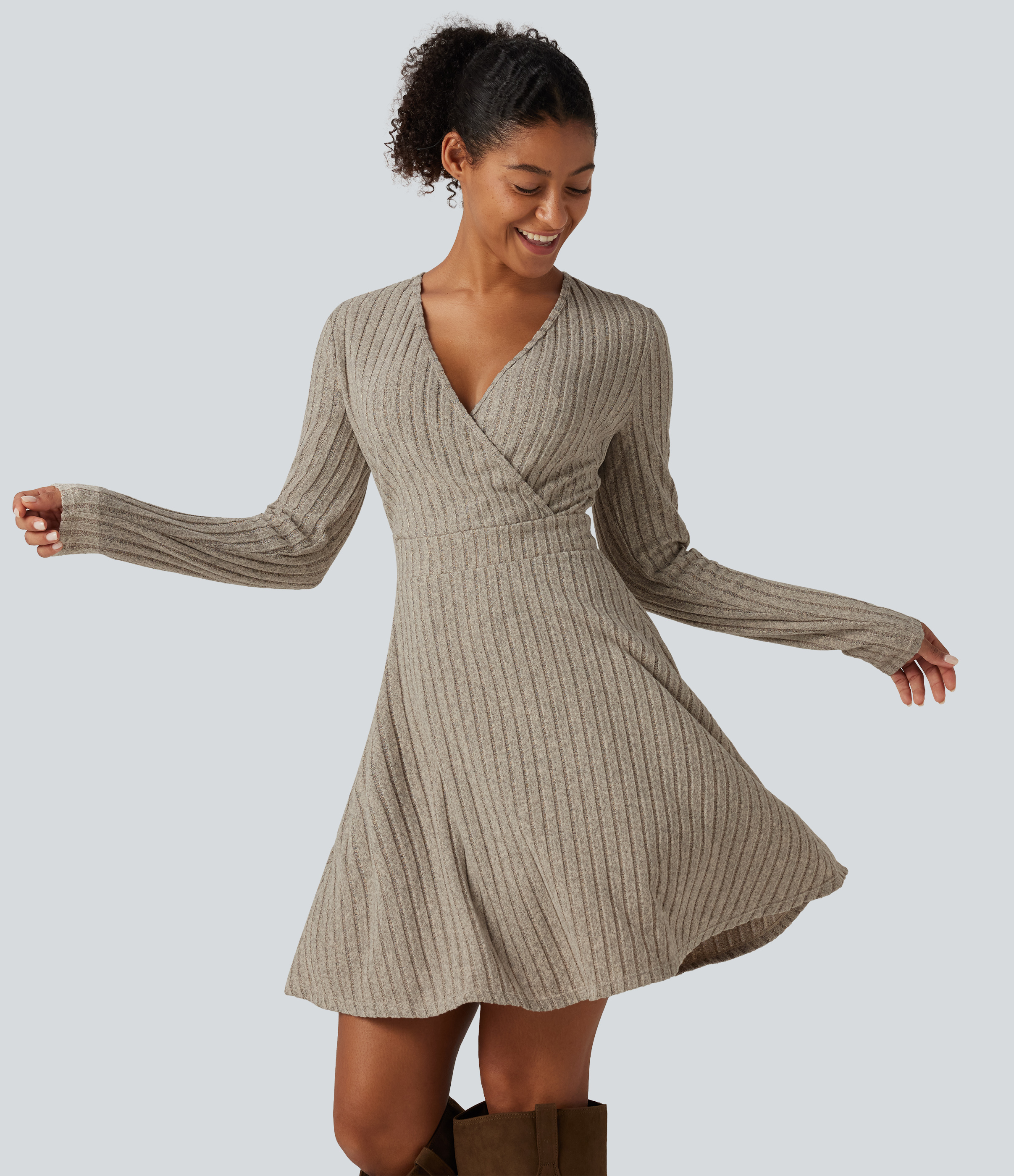 Ribbed Knit V-Neck Crossover Long Sleeve Mini Casual Dress