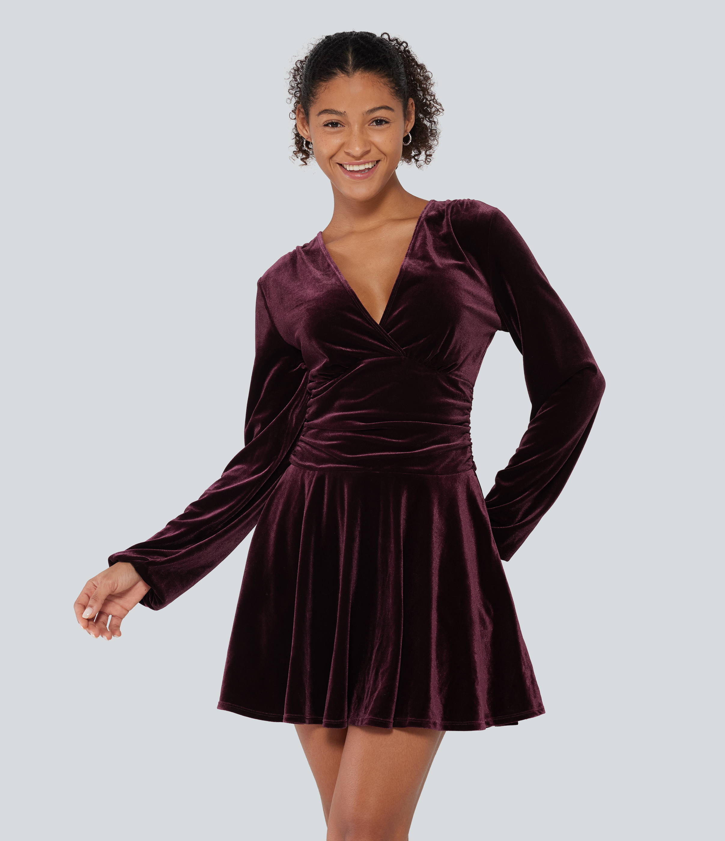 V Neck Ruched Long Bishop Sleeve Velvet Mini Party Dress