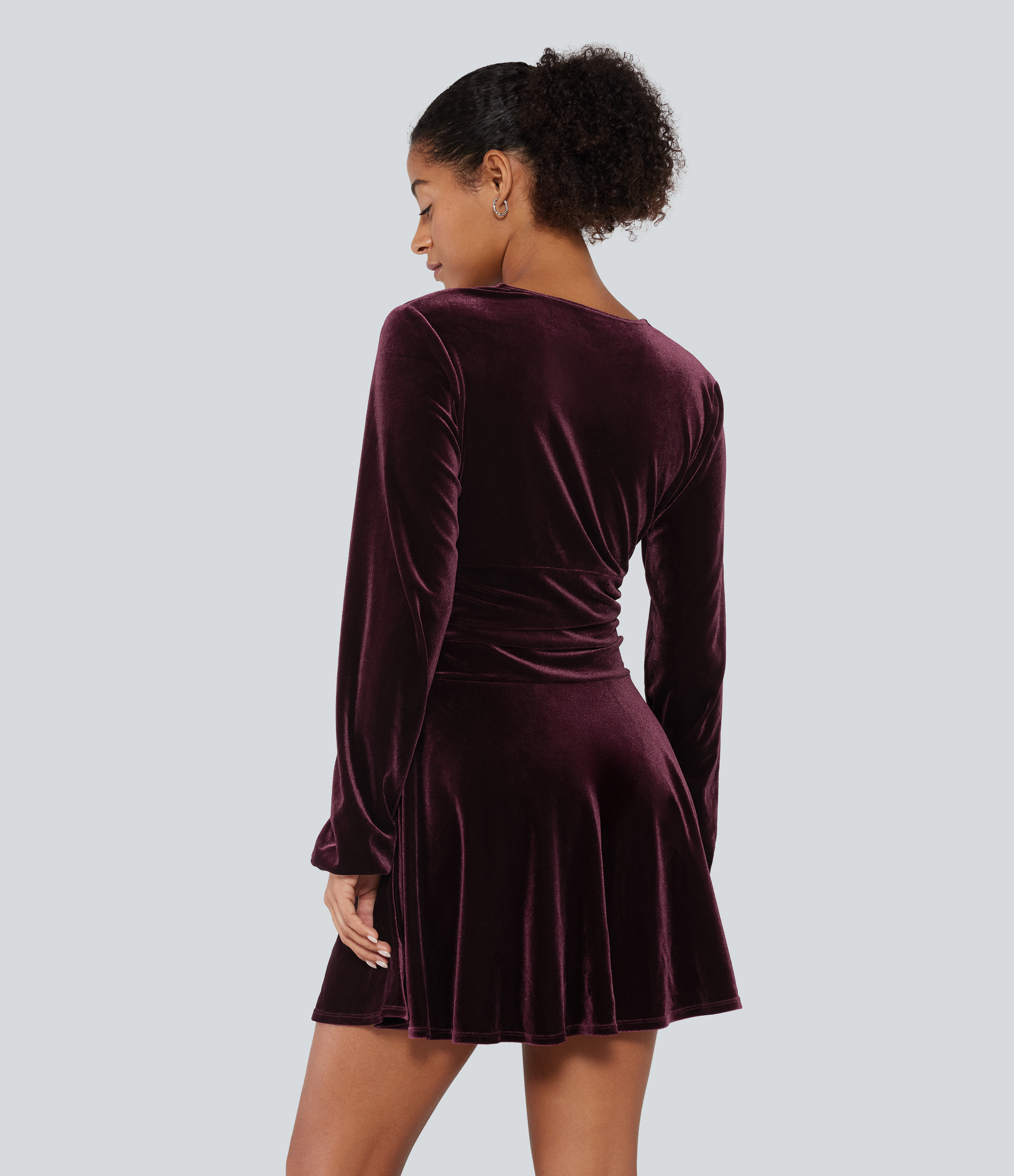 Dusky purple V Neck Ruched Long Bishop Sleeve Velvet Mini Party Dress / 2