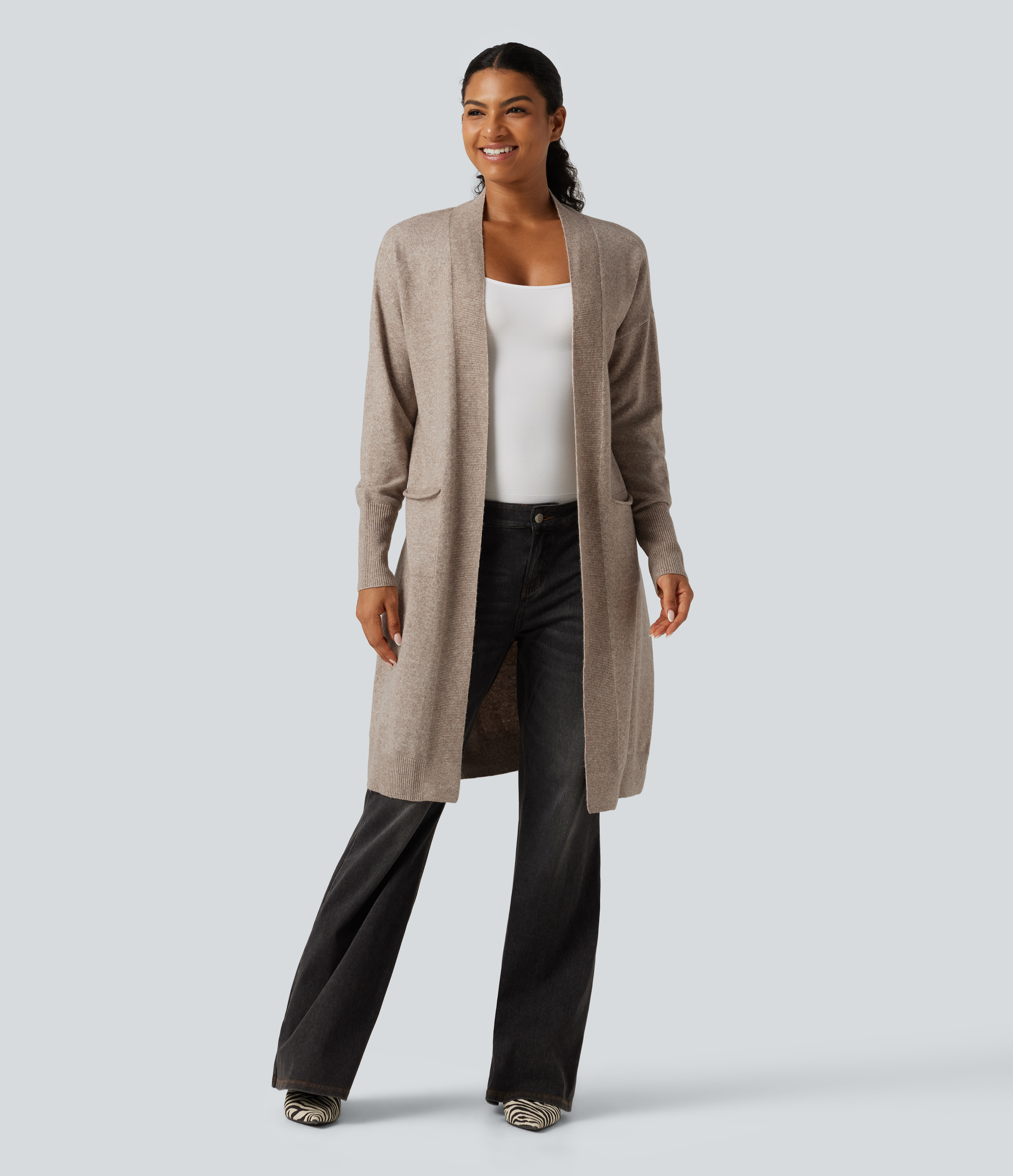 Long Sleeve Open Front Casual Cardigan with Pockets