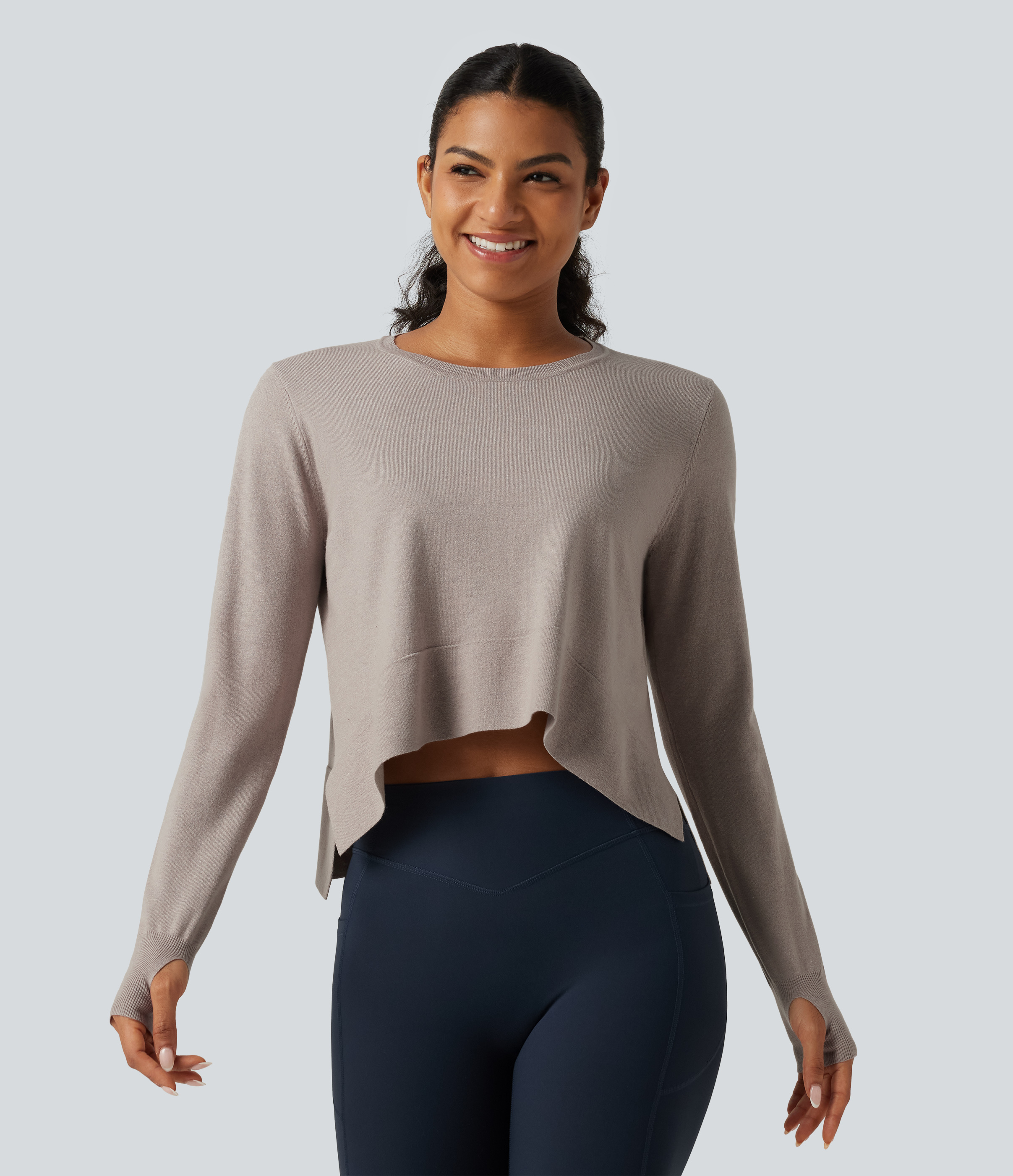 Round Neck Long Sleeve Asymmetric Thumb Holes Casual Sweater