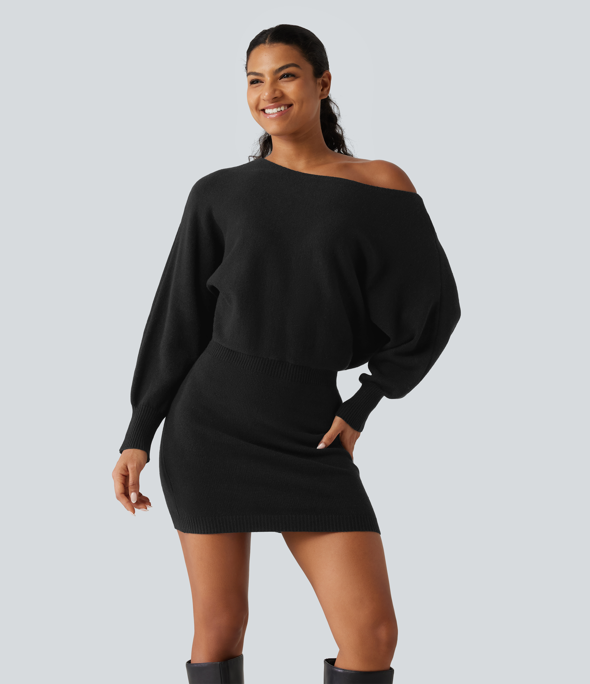 Robe pull de bureau mini moulante une épaule à manches chauve-souris