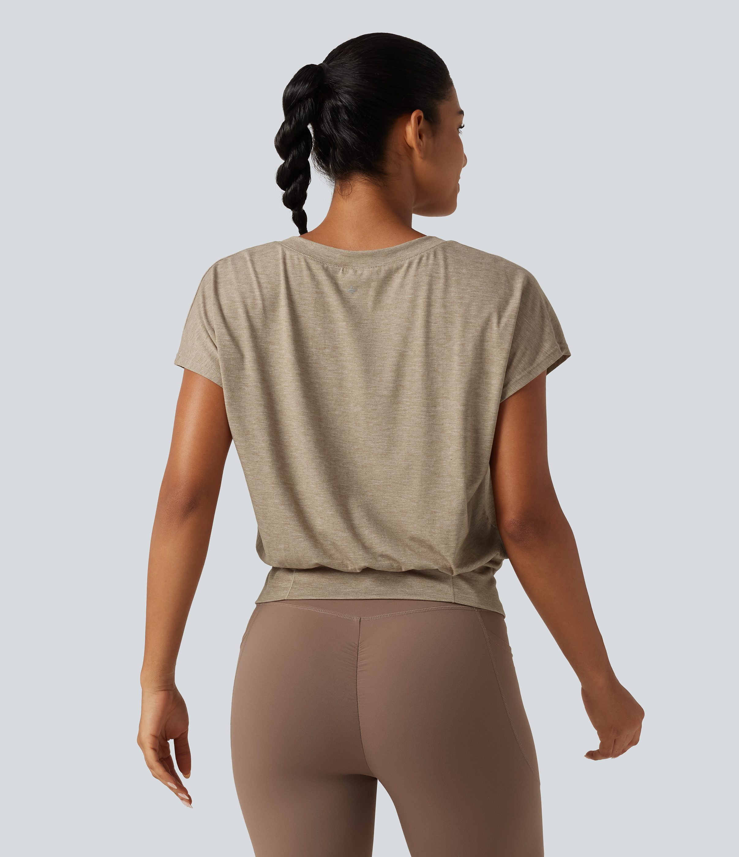 Khaki Floral Yarn V Neck Batwing Short Sleeve Yoga Sports Top / 2