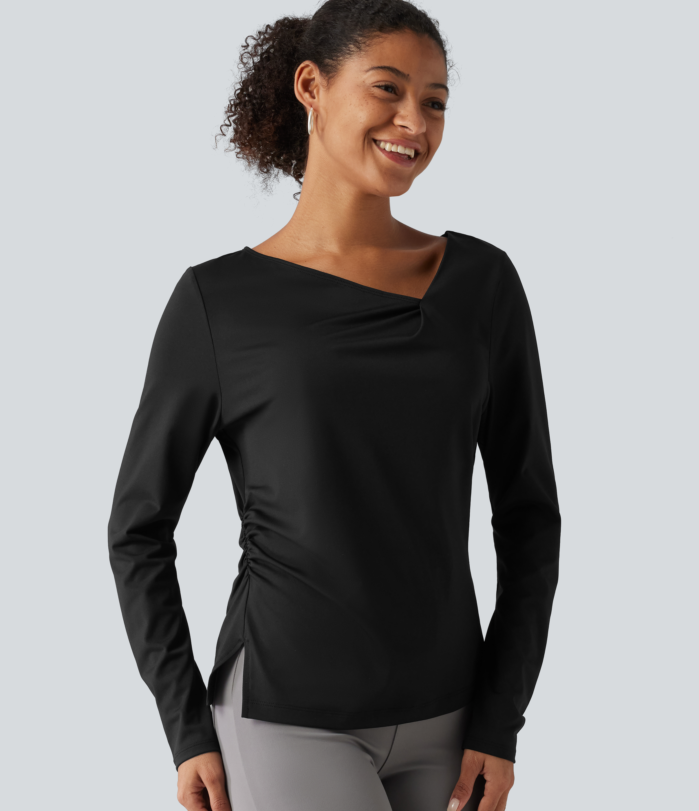 Asymmetric Cowl Neck Long Sleeve Ruched Slit Hem Work Blouse